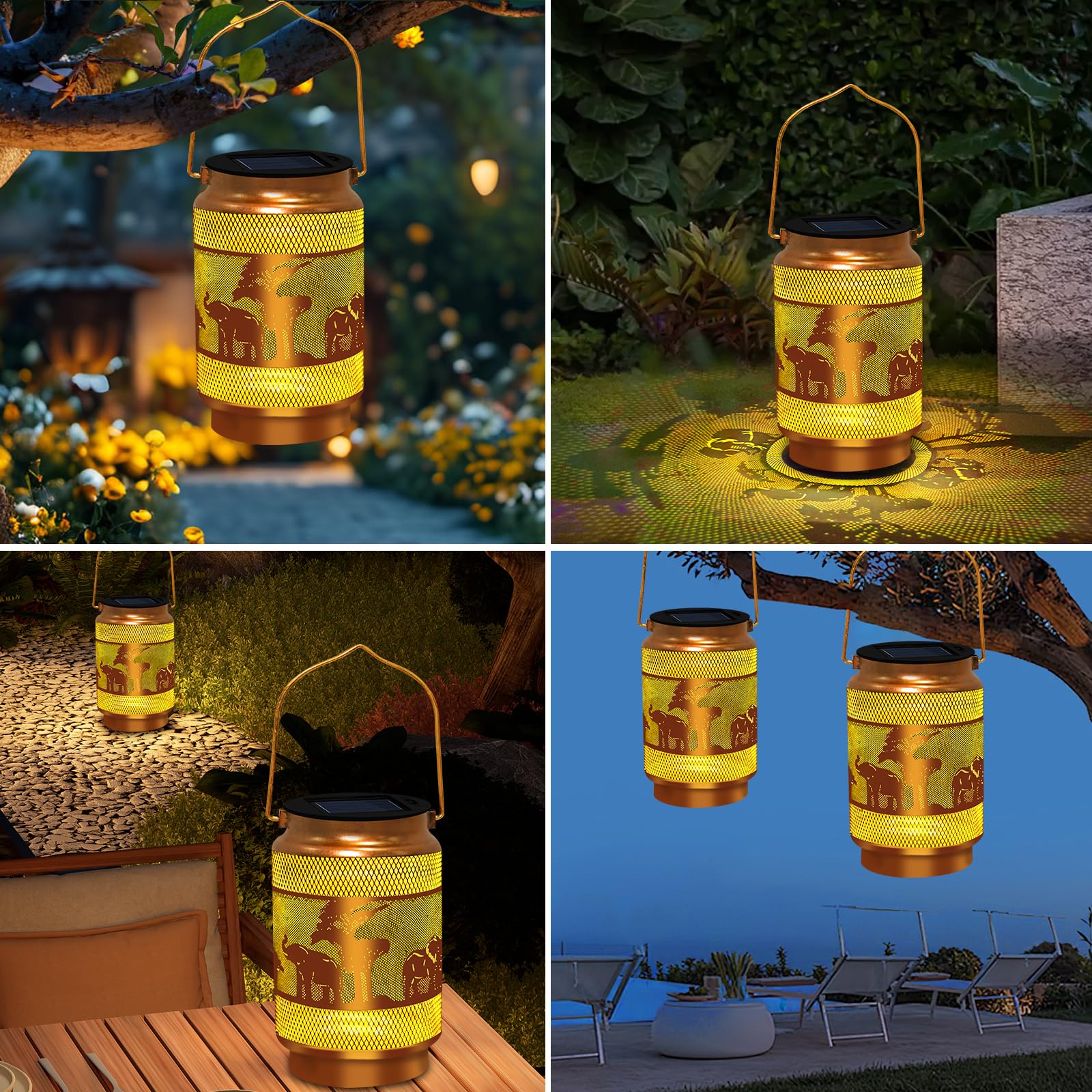 Solar Lanterns Outdoor Waterproof,Hanging Solar Lights Elephant Garden Decor, Elephant Decorative Lanterns for Yard Lawn Porch P