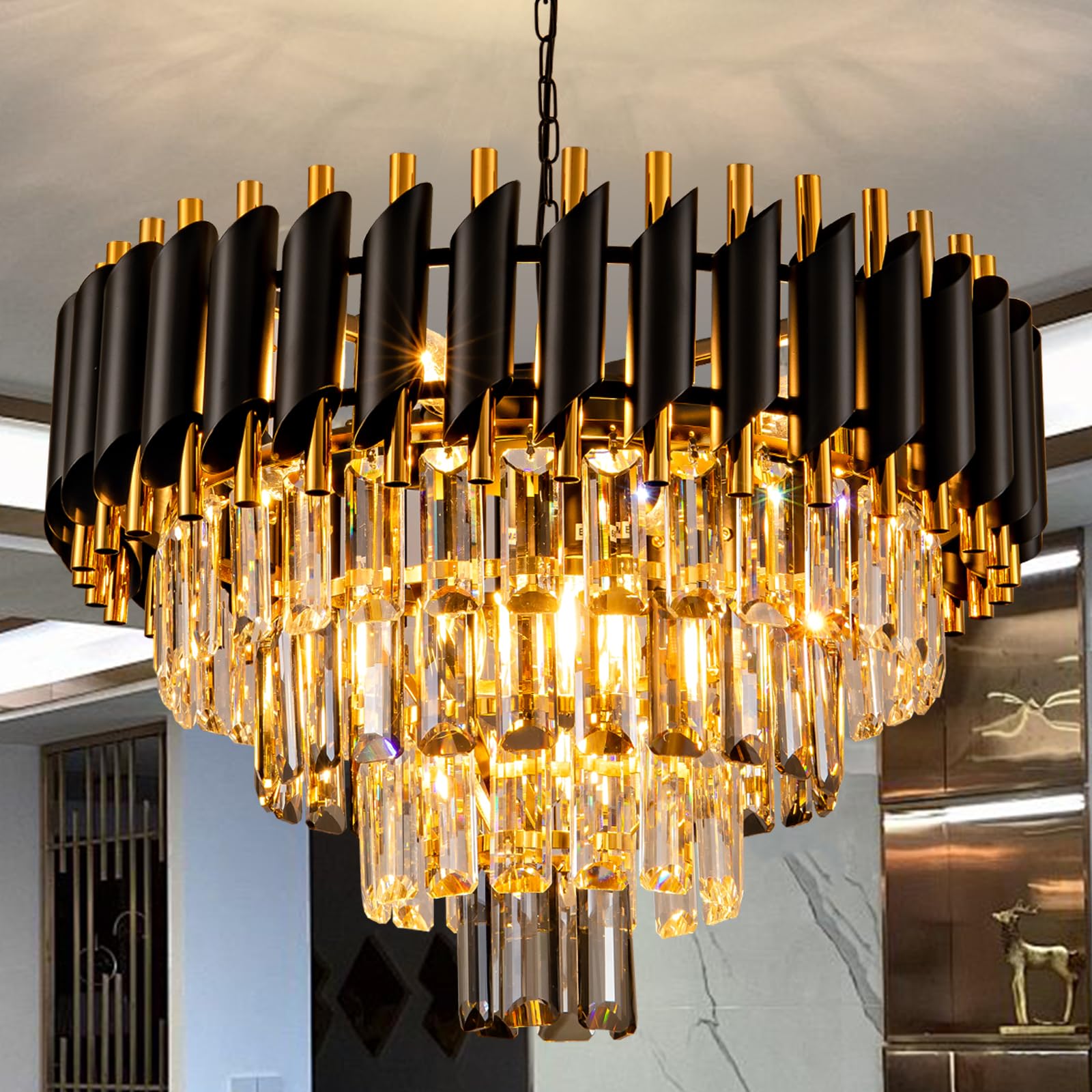 Aixialin 7-Light Modern Crystal Chandelier 20'' Dining Room Light Fixtures 4 Tiers Flush Mount Smoke Grey and Gold Chandelier Ro