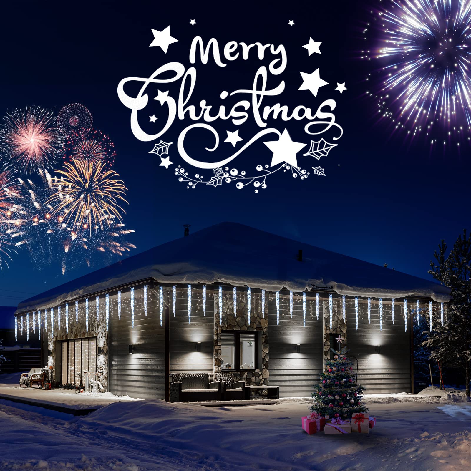 Minetom Christmas Icicle Lights - 2 Pack Total 200 LED 40 Tubes Twinkling Crystal Icicle String, Connectable Waterproof Hanging