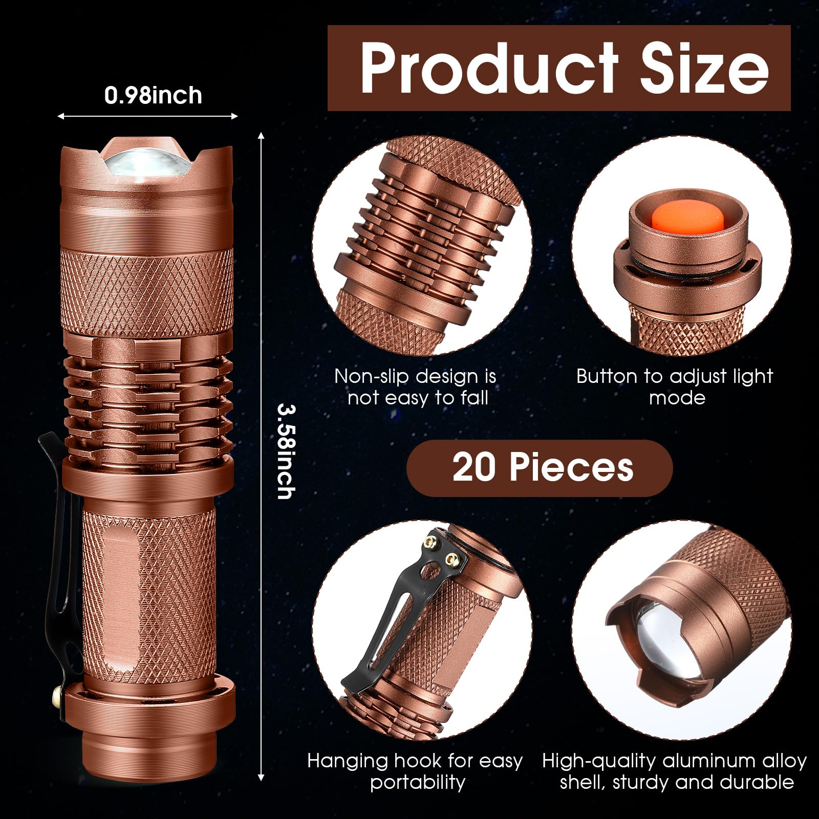 Fumete LED Flashlight Mini Tactical Torch, 3 Modes, Water Resistant, Adjustable Focus, Multicolor 2, Lightweight Aluminum for Hiking