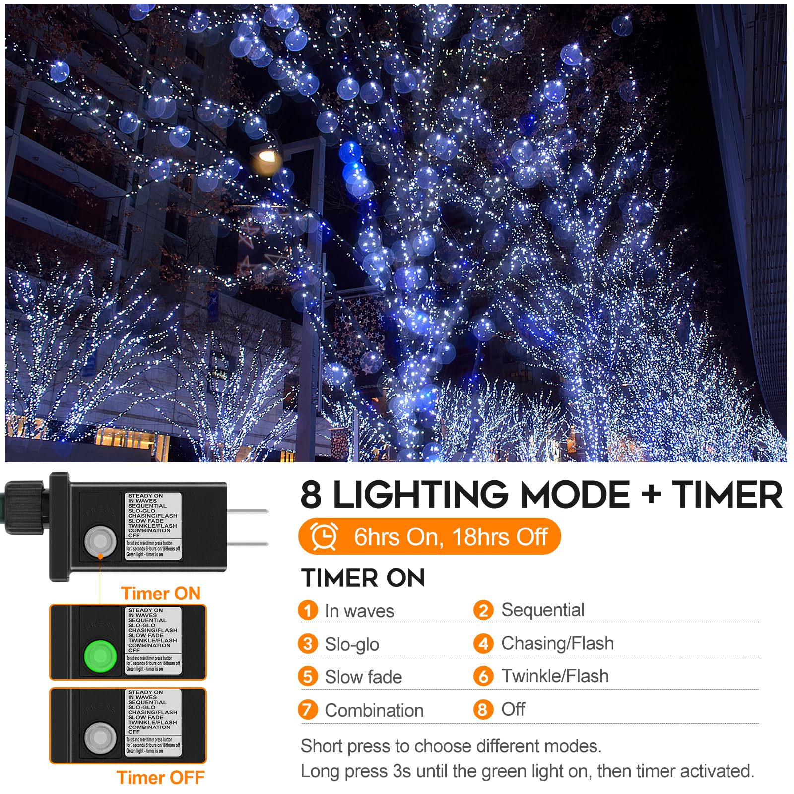FairyGlim Extra Long 264Ft 800 LED Christmas Lights, Green Wire, 8 Modes, Cool White, Model CX-36V-5000LHWW
