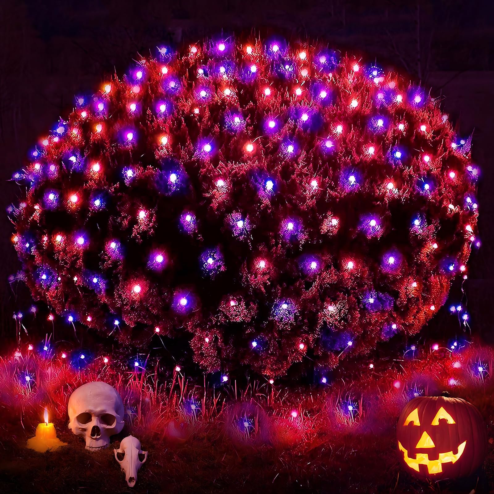 Cyindzchwy Solar Net Lights, 204 Led Outdoor Mesh Lights Waterproof, Bush Halloween Net Lights With 8-Lighting Modes For Tree Garden Yard Halloween Party Decoration (Orange/Purple)