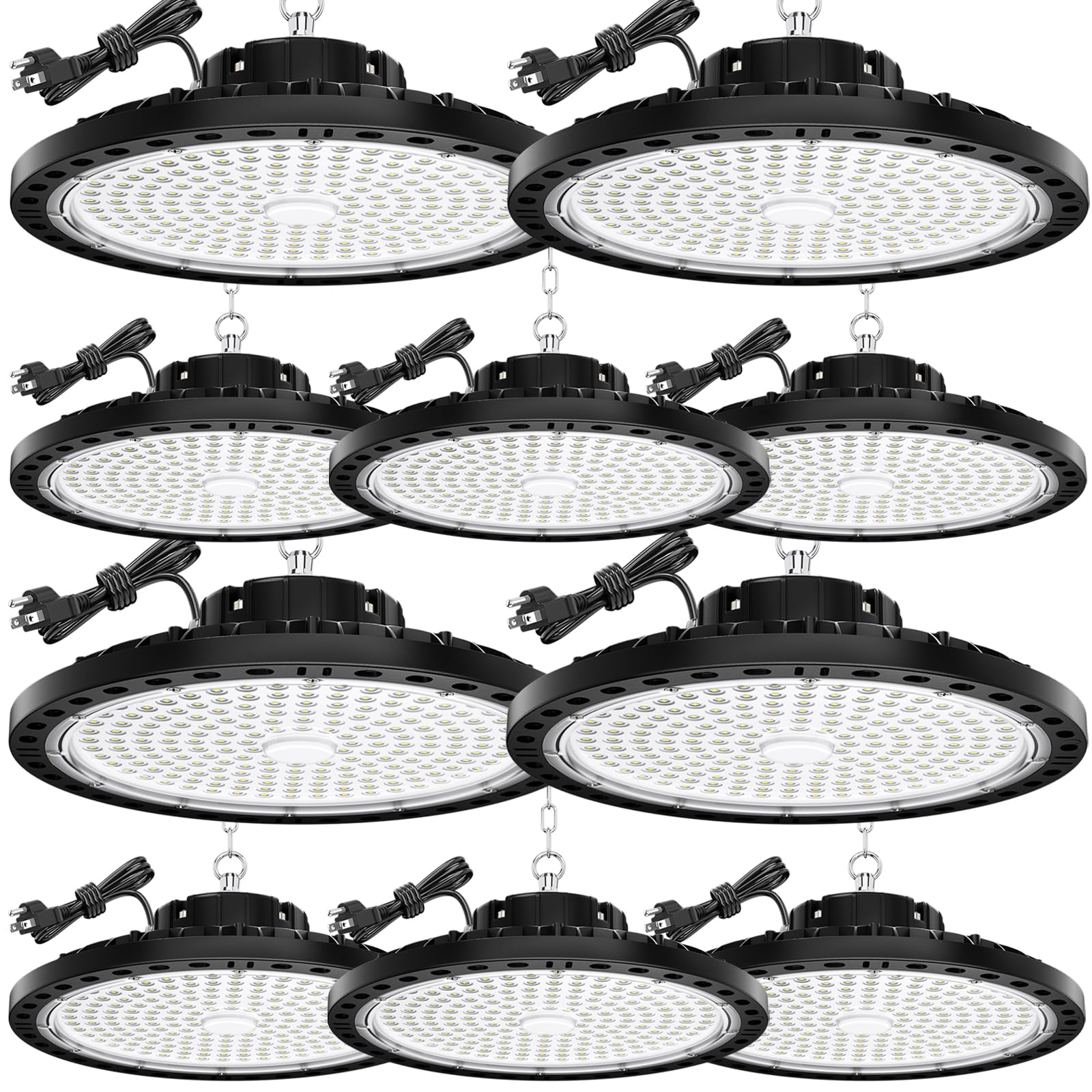TOPAUBUB 200W High Bay LED Light 10 Pack, 28000LM High Bay LED Shop Lights with 6.56FT Cable US Plug, 11.8in Metal Chain, Driver
