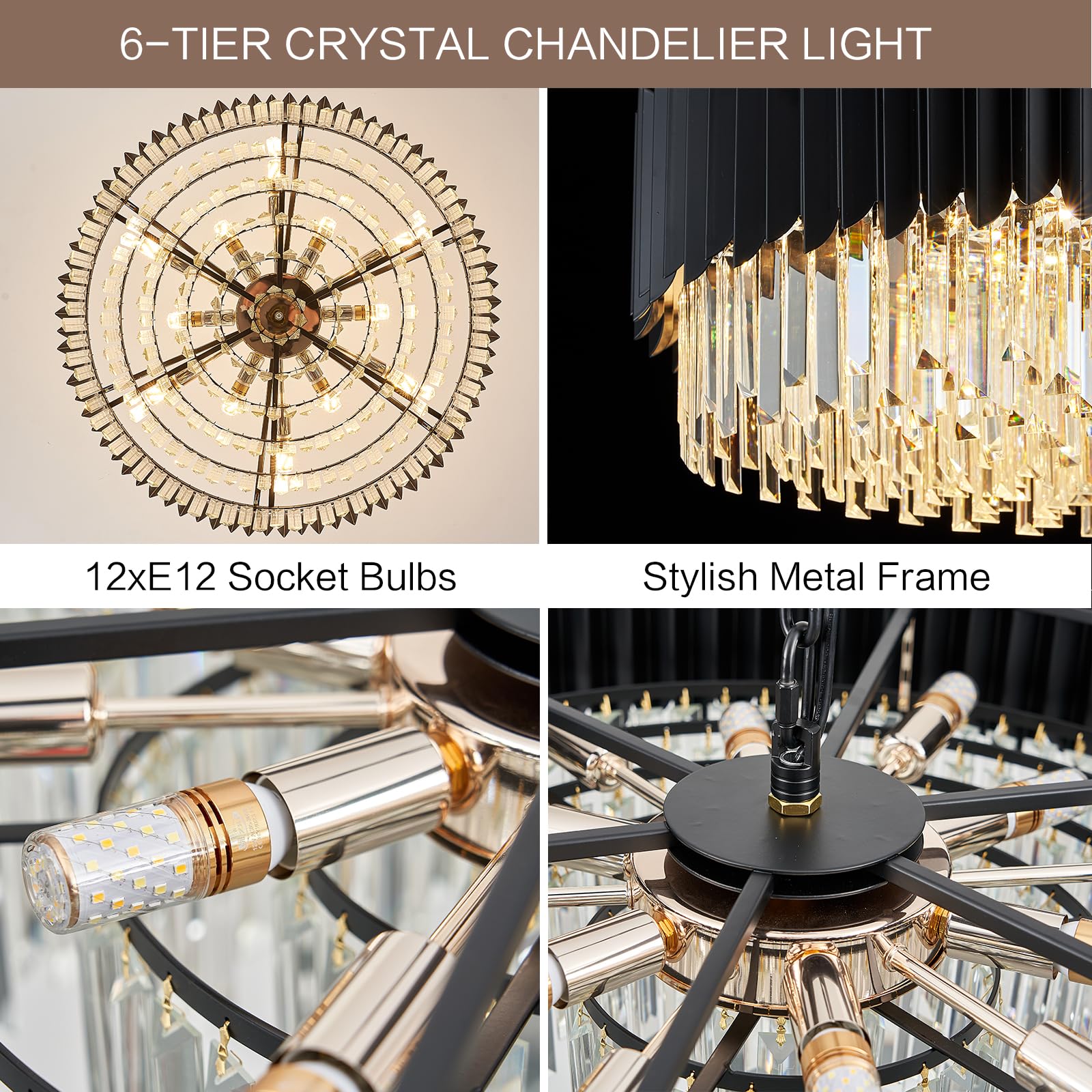 Yolizuot Black Crystal Chandelier 30'' K9 Crystal Round Pendant Lights Adjustable 6-Tier Large Modern Crystal Chandelier Light 1