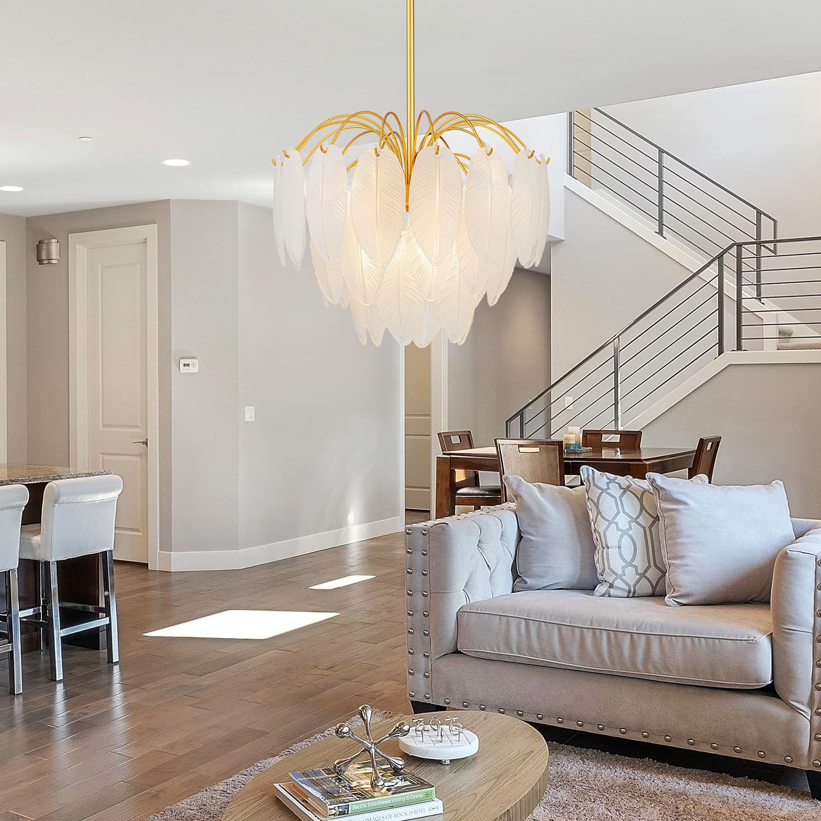 LumFurn 6-Light Gold Chandelier, Modern 3-Tier Pendant Light, Adjustable 19-51", Frosted Glass Shade, Brass Frame, Large