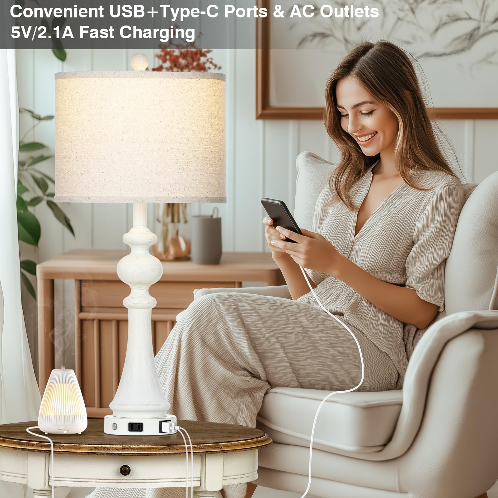 28'' Farmhouse Lamps Set Of 2 With Usb A+C Fast Ports & Ac Outlets, Vintage Rustic 3-Way Dimmable Touch Control Table Lamps, Rus