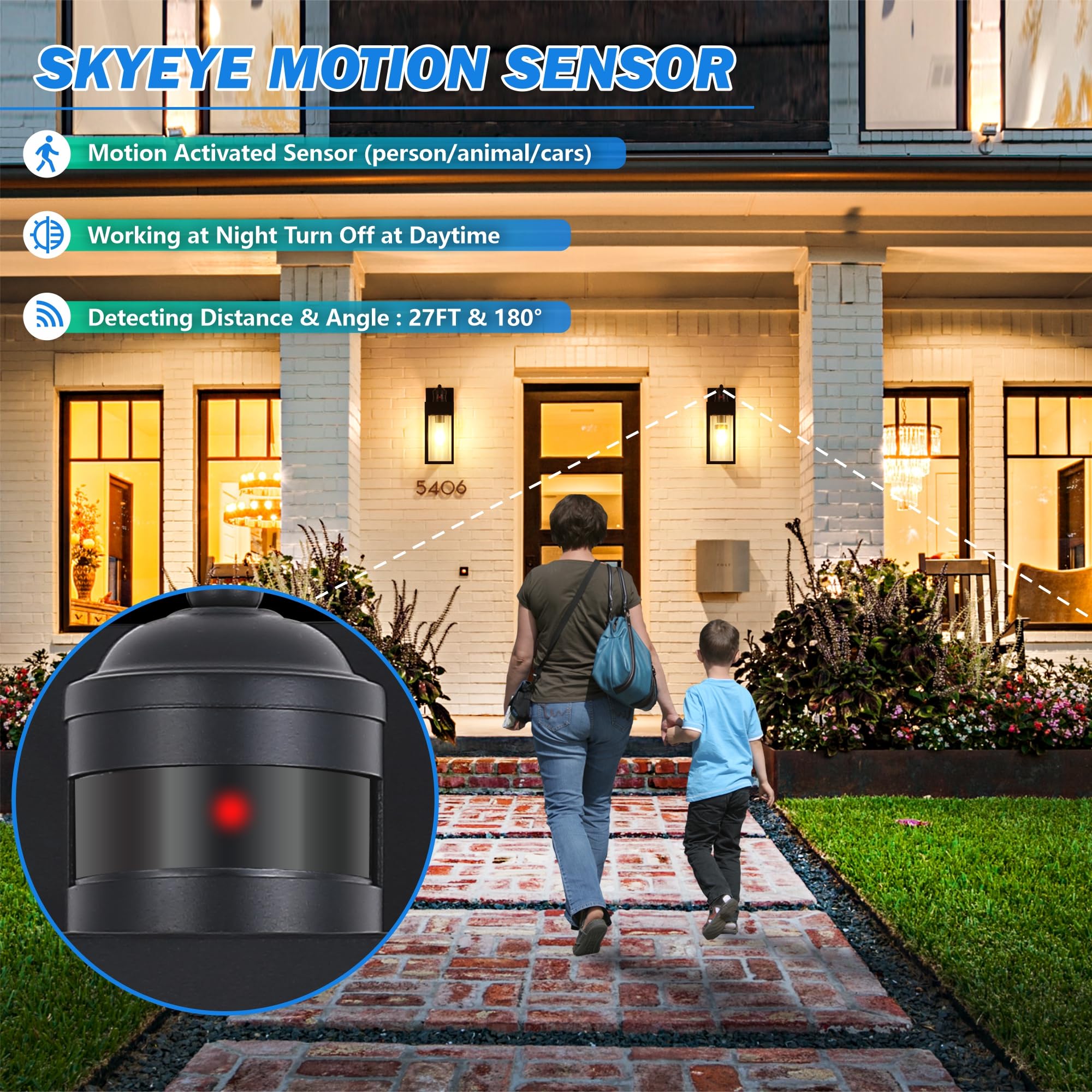 DAKAFUL Motion Sensor Outdoor Lights - 2-Pack, LED Wall Sconce, Dusk to Dawn, Black, Model DK-MSOR-QX-01