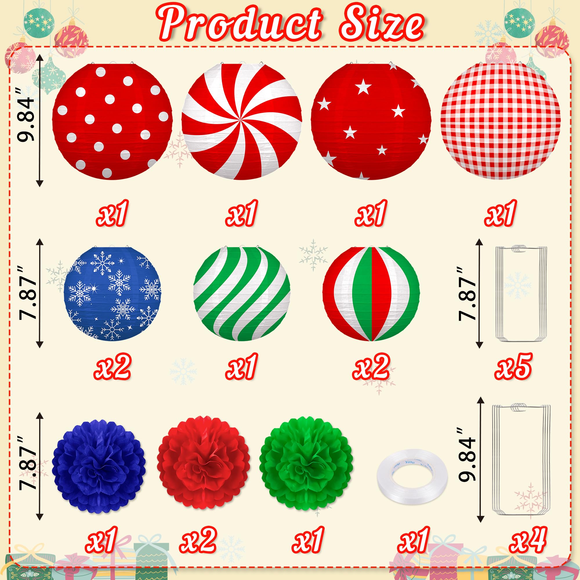 Renbuzhu 13Pcs Christmas Decorations Ornaments Set - 9 Red Green Blue Hanging Paper Lanterns  4 Pom Poms For Indoor  Home  Xmas Party  Porch Decor
