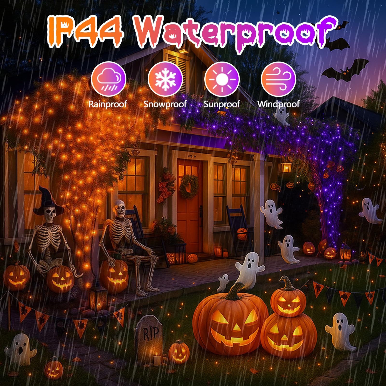 SANJICHA Halloween String Lights 200 LED 66FT Waterproof Clear Wire Orange to Purple, 11 Modes, Model MLS-D29V6WUC-O