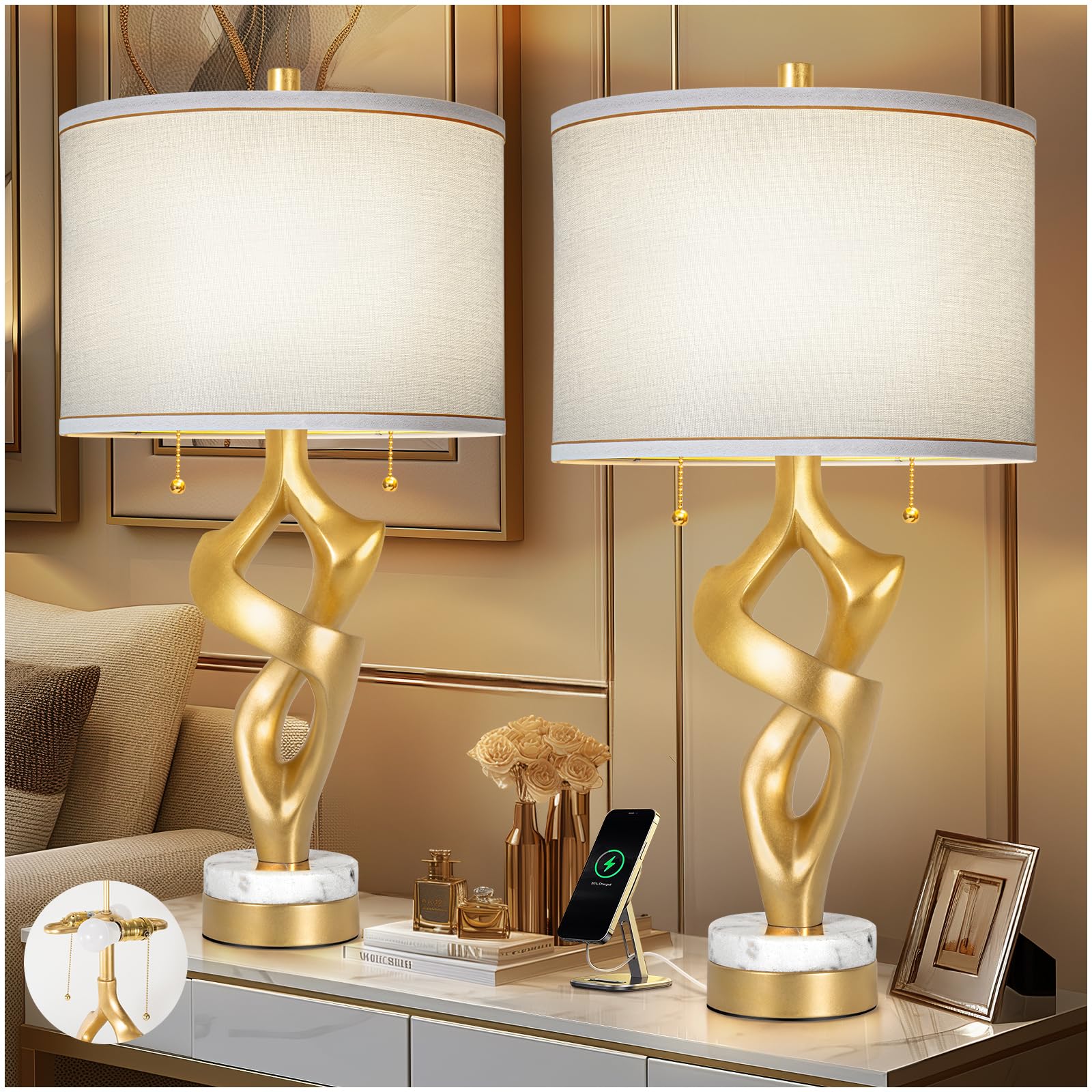 Scenekoy Sculptural Table lamp Set of 2 for Living Room with Marble Base & USB Ports, Gold Leaf Finish Rustic Bedside Lamps with