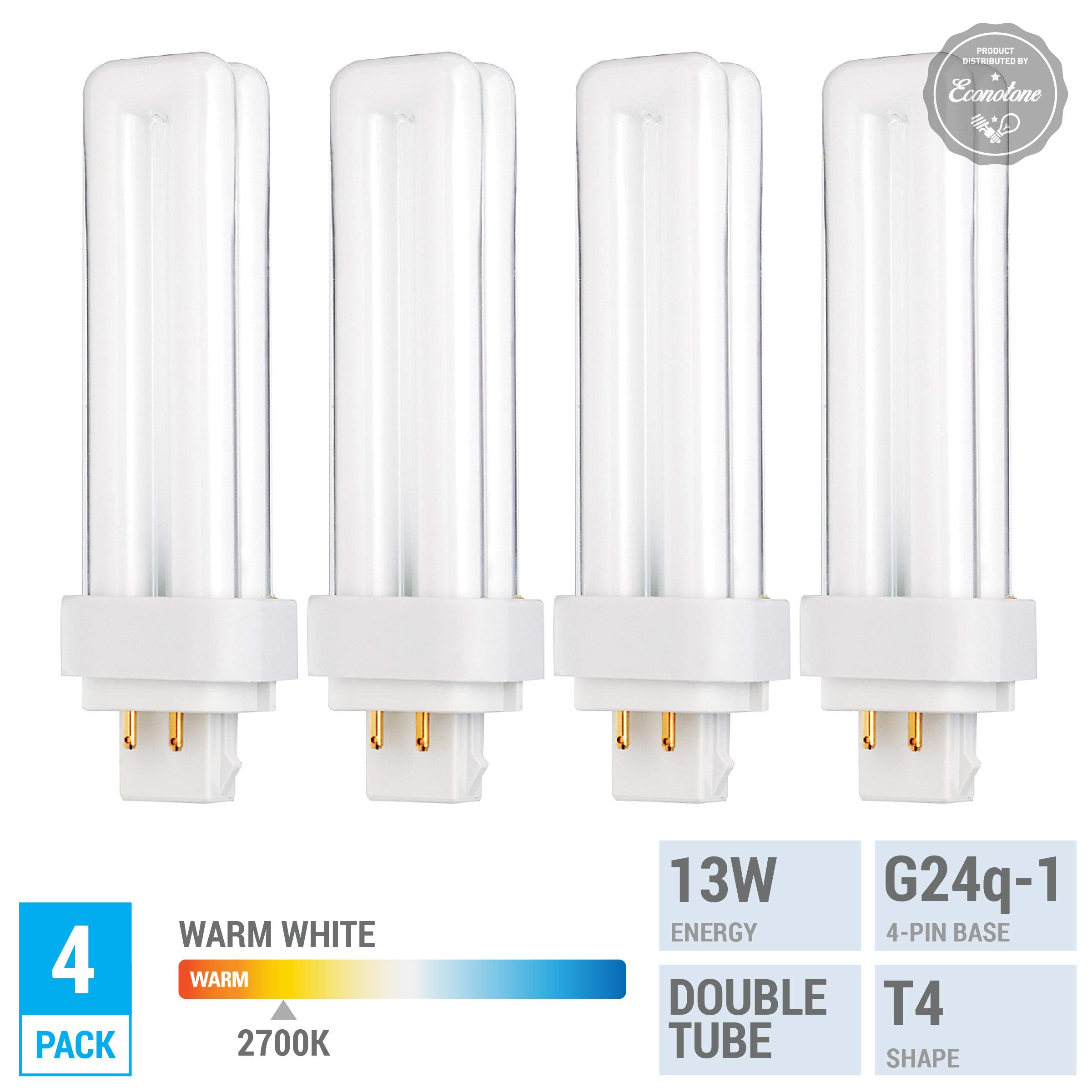 Kor - 13 Watt Double Tube - G24Q-1 (4 Pin) Base, 2700K Warm White - Cfl Light Bulb. Replaces Sylvania 20682 Cf13Dd/E/827 And Ge