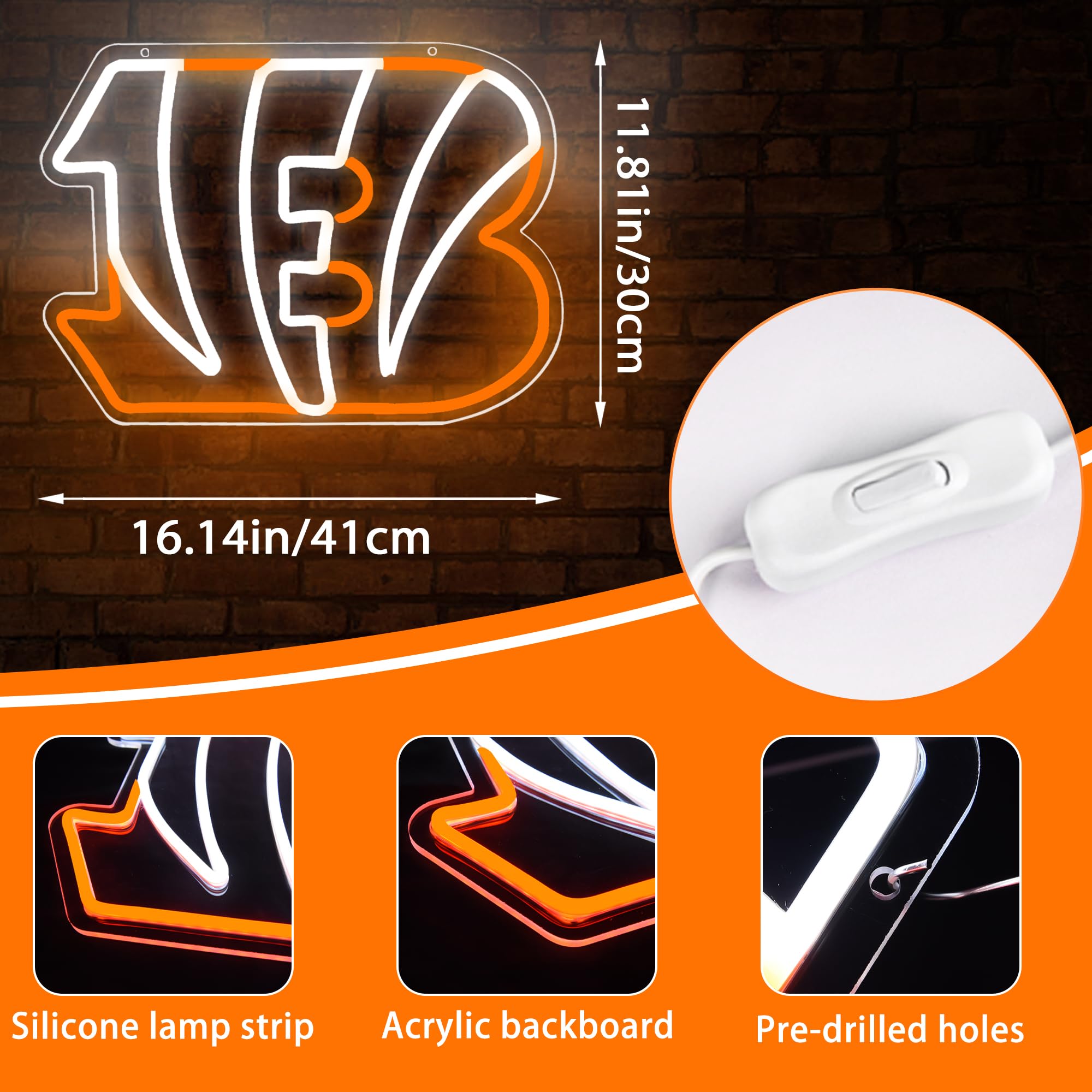 Brineon Football Neon Sign Wall Decor, Dimmable Acrylic Light, 16.1"x11.8", White Orange-Bengal for Man Cave & Rugby Fans