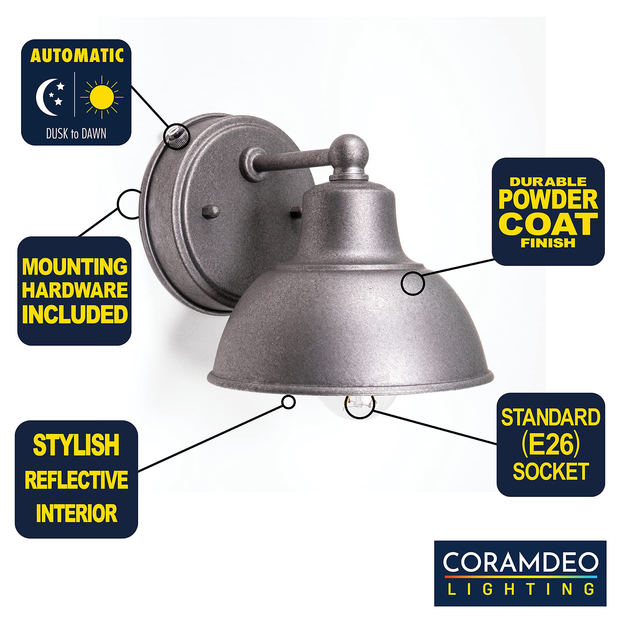 Coramdeo Oakhouse Dusk To Dawn 6    Barn Light, Outdoor Farmhouse Porch Wall Fixture In Galvanized Finish & White Reflective Int