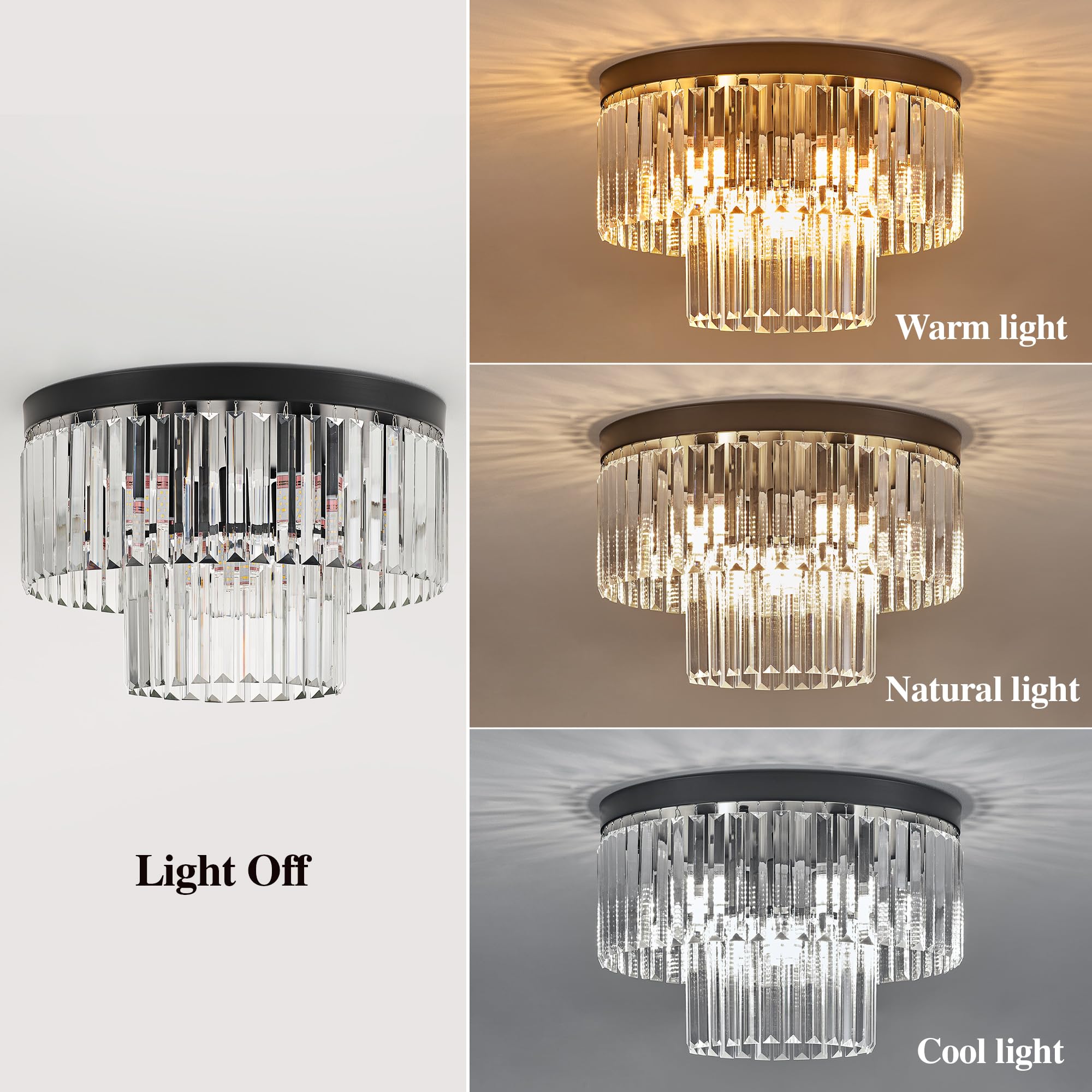 Faibra 17'' Black Crystal Ceiling Light 9-Light Modern Crystal Light Fixture 2-Tier Luxury K9 Crystal Ceiling Light,For Dining R