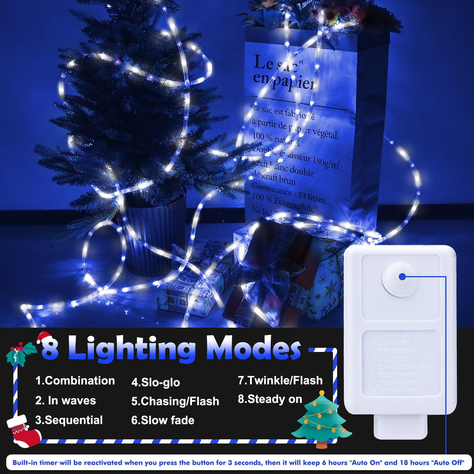 50Ft Led Rope Lights Outdoor  360 Led Connectable And Flexible Tube Lights With 8 Modes  Waterproof Led Rope Lighting For Garden Patio Bedroom Party Pool Indoor Outdoor Christmas Decor (White & Blue)