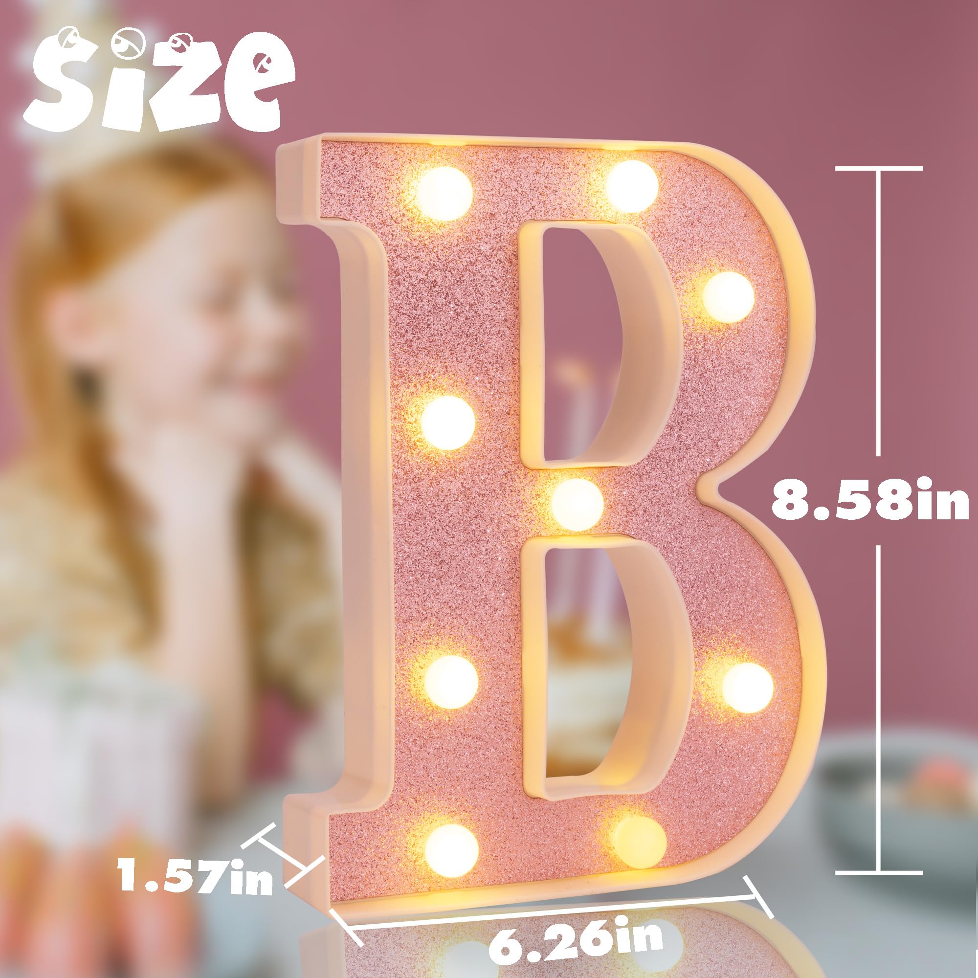 DyingSwan Small LED Marquee Letter B, 8.58 Inch, Battery Powered, Pink Glitter Plastic Light Up Sign for Party and Decor