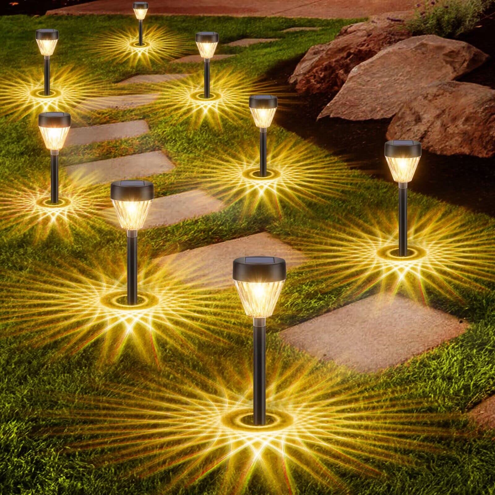 Ridalux 8Pack Solar Pathway Lights - Waterproof Warm White Auto On/Off Outdoor Garden Lighting