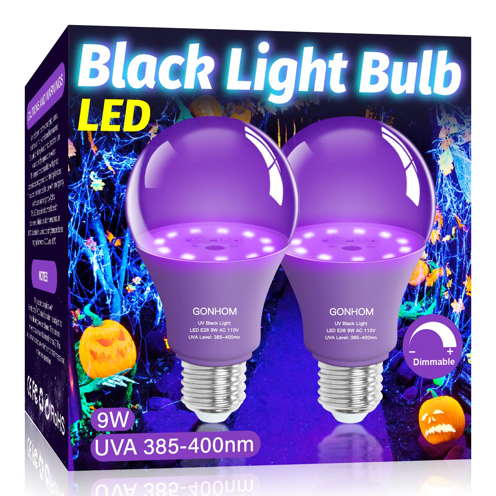 Gonhom 2 Pack A19 Led Black Light Bulbs,Dimmable 9W Blacklight Bulb(100W Equivalent), E26 Base 110V, Uva Level 385-400Nm, Glow I
