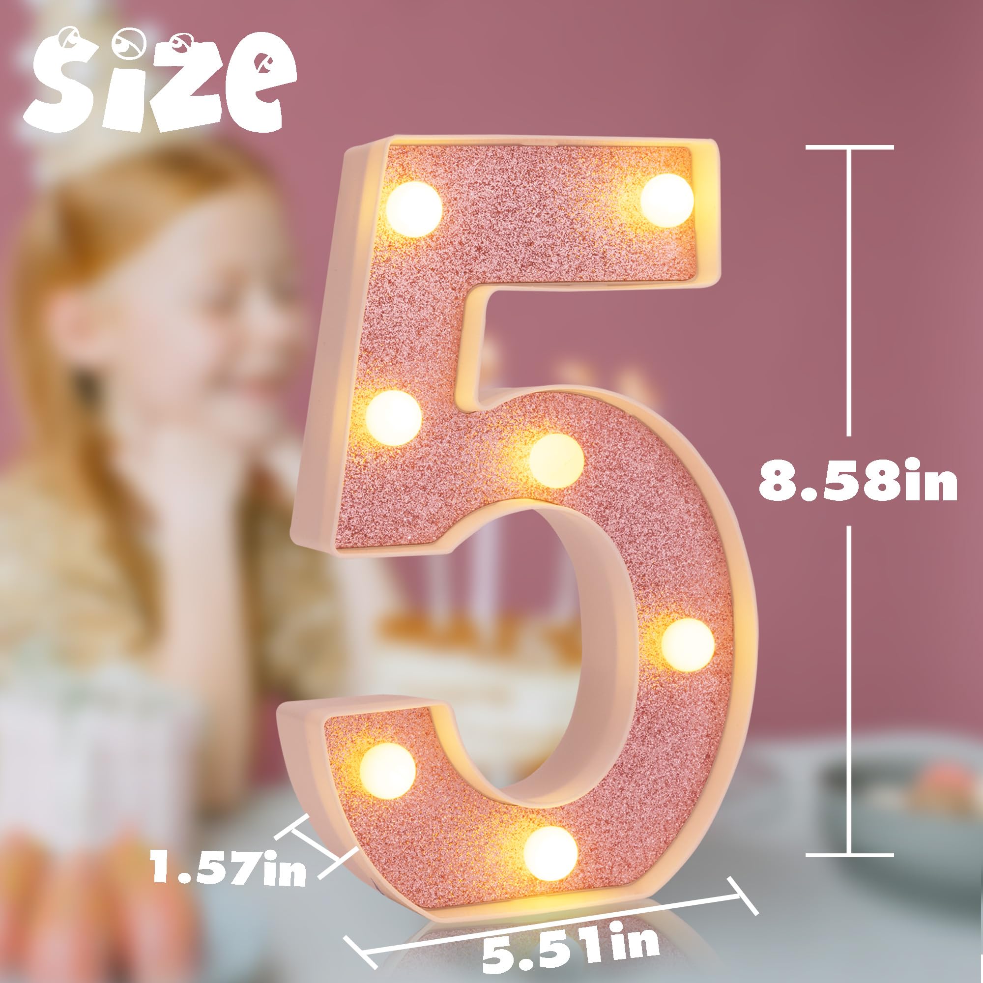 DyingSwan LED Marquee Number 5, Pink Glitter, 8.58 Inch, Battery Powered Light Up Decor for Parties and Home