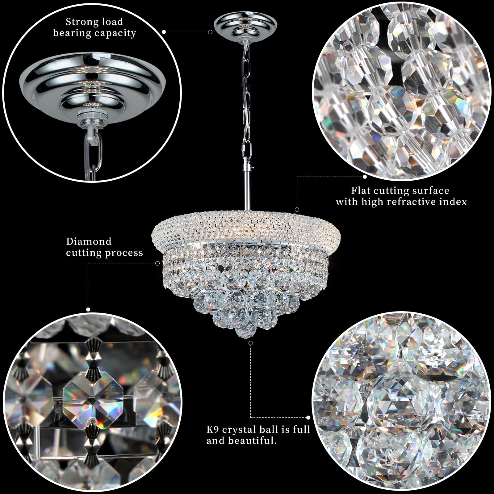 Crystal Chandeliers For Dining Room Light Fixture Over Table  Empire Style K9 Crystal Chandeliers For Bedroom  4 Lights Chrome stylish Lighting Fixtures For Entryway Kitchen Island Foyer D15 Inch