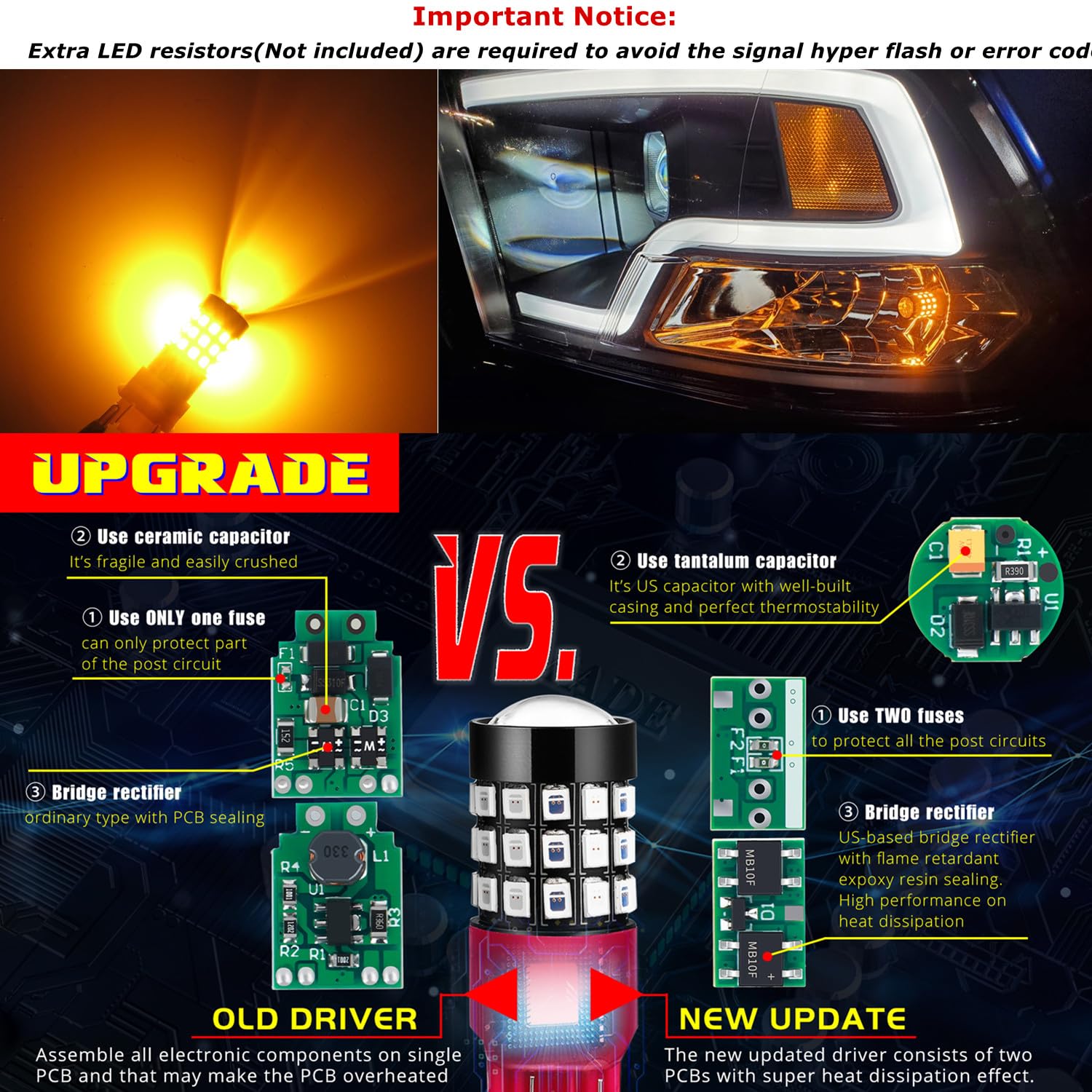 Alla Lighting LED Brake Stop Tail Turn Signal Bulbs T20/7440/7443 Amber Yellow Model Alla-7443-2835-39Y-Yellow