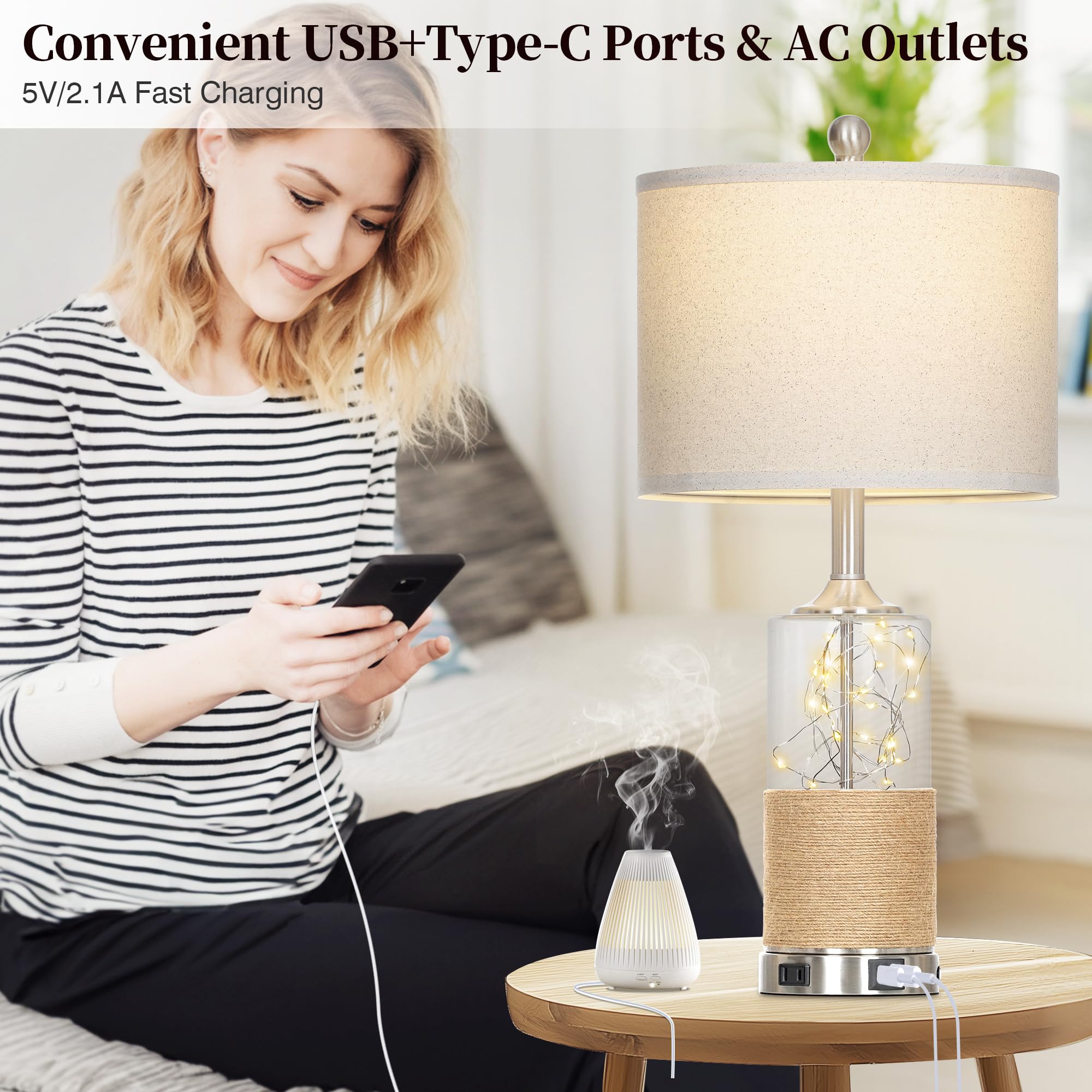 25'' Coastal Glass Lamps Set Of 2, Touch Control 3-Way Dimmable Night Light Modern Table Lamp With Usb A+C Ports & Ac Outlets Li