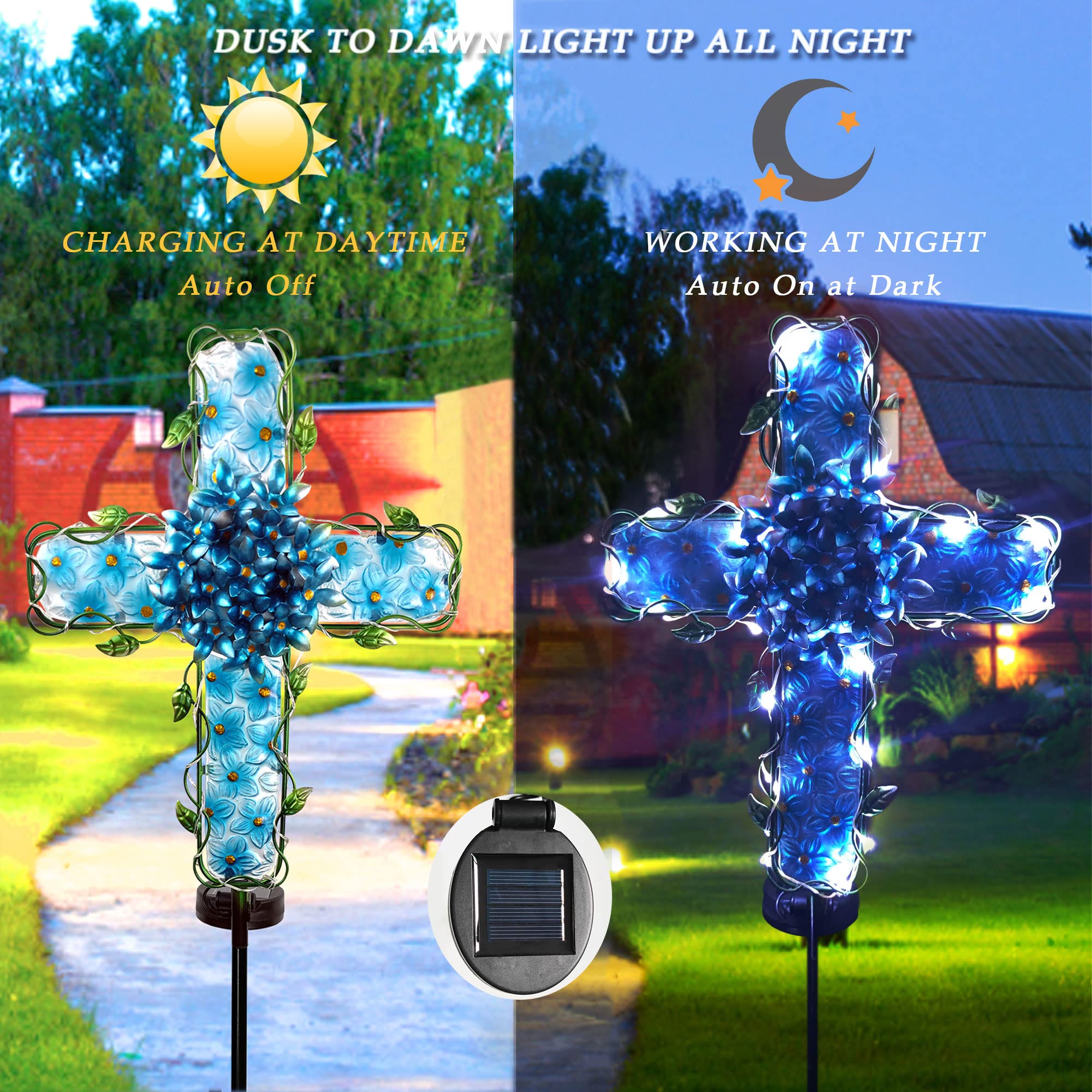 Coozzyhour Solar Cross Garden Lights Outdoor Decorative - Solar Metal&Glass Cross Blue Hydrangea Flower Stake Lights- Waterproof