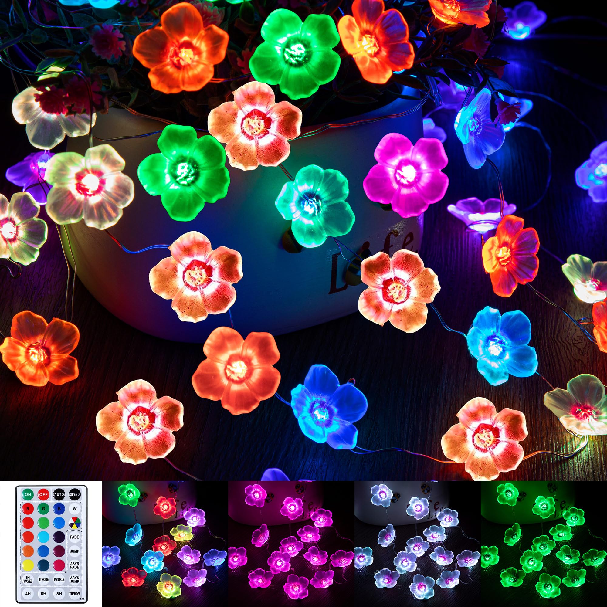 Mudder 16 Colors Cherry Blossom Decor Flower String Lights, Fairy Pink Light String with Timer 13 ft 40 LEDs USB Battery Operated Fairy Lights for Bedroom Indoor Outdoor Wedding Valentines Day(2 Pcs)