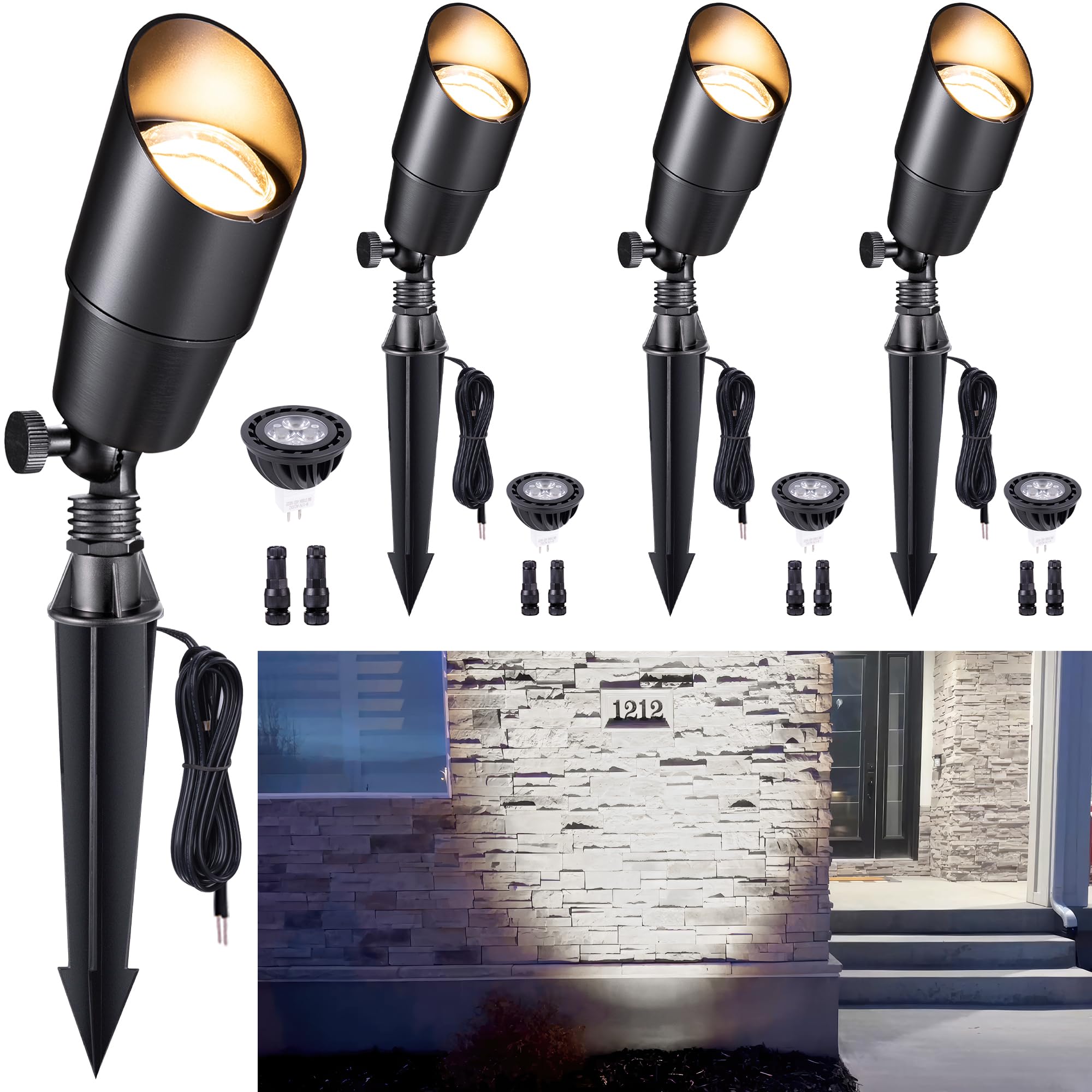 Gardenreet Brass Landscape Lighting, 4-Pack 12V LED Uplights, 4000K Natural White, Waterproof Black Spotlights for Outdoor Use