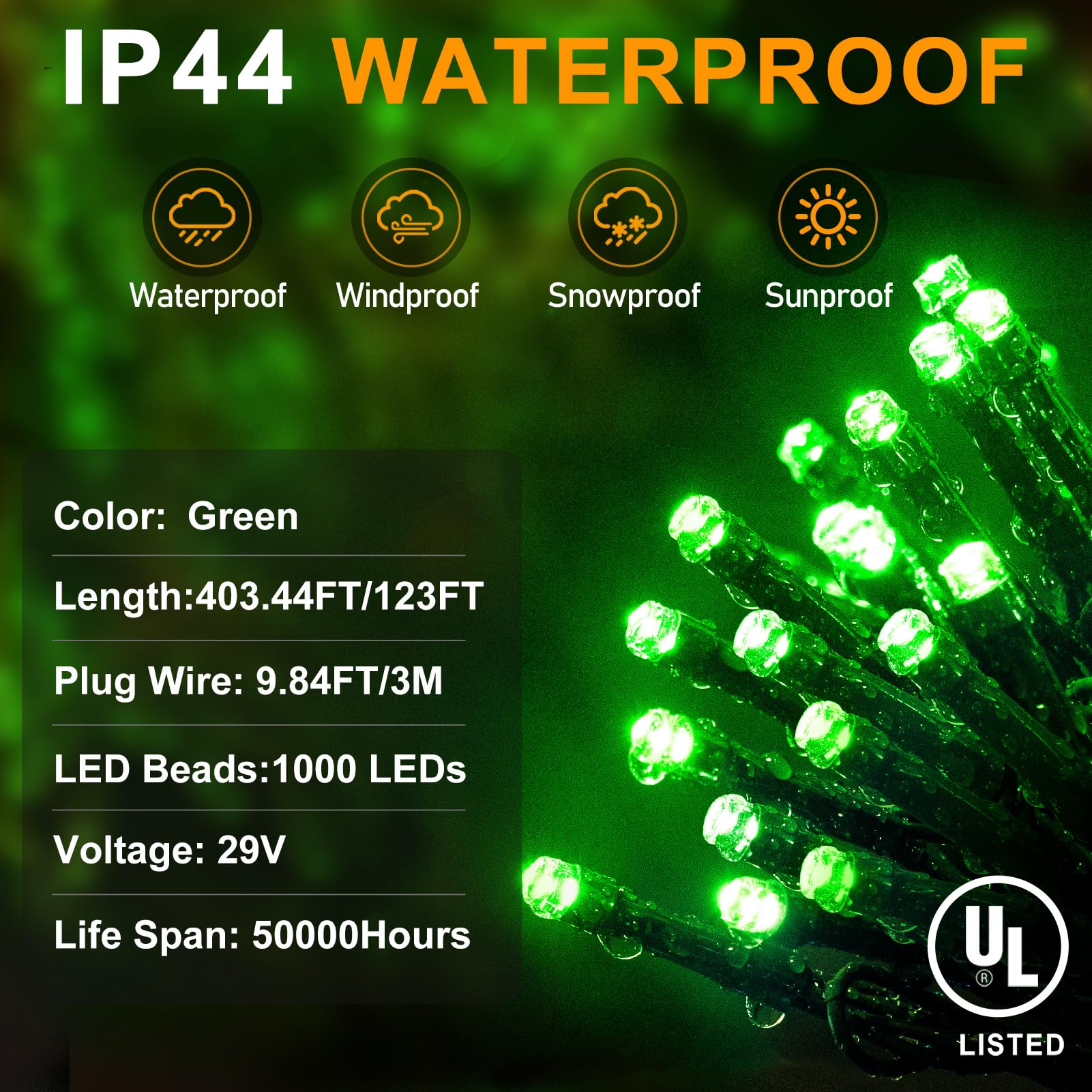 KNONEW 1000 LED Christmas String Lights, 403FT Green Wire, Waterproof, 8 Modes & Timer for Outdoor Holiday Decorations