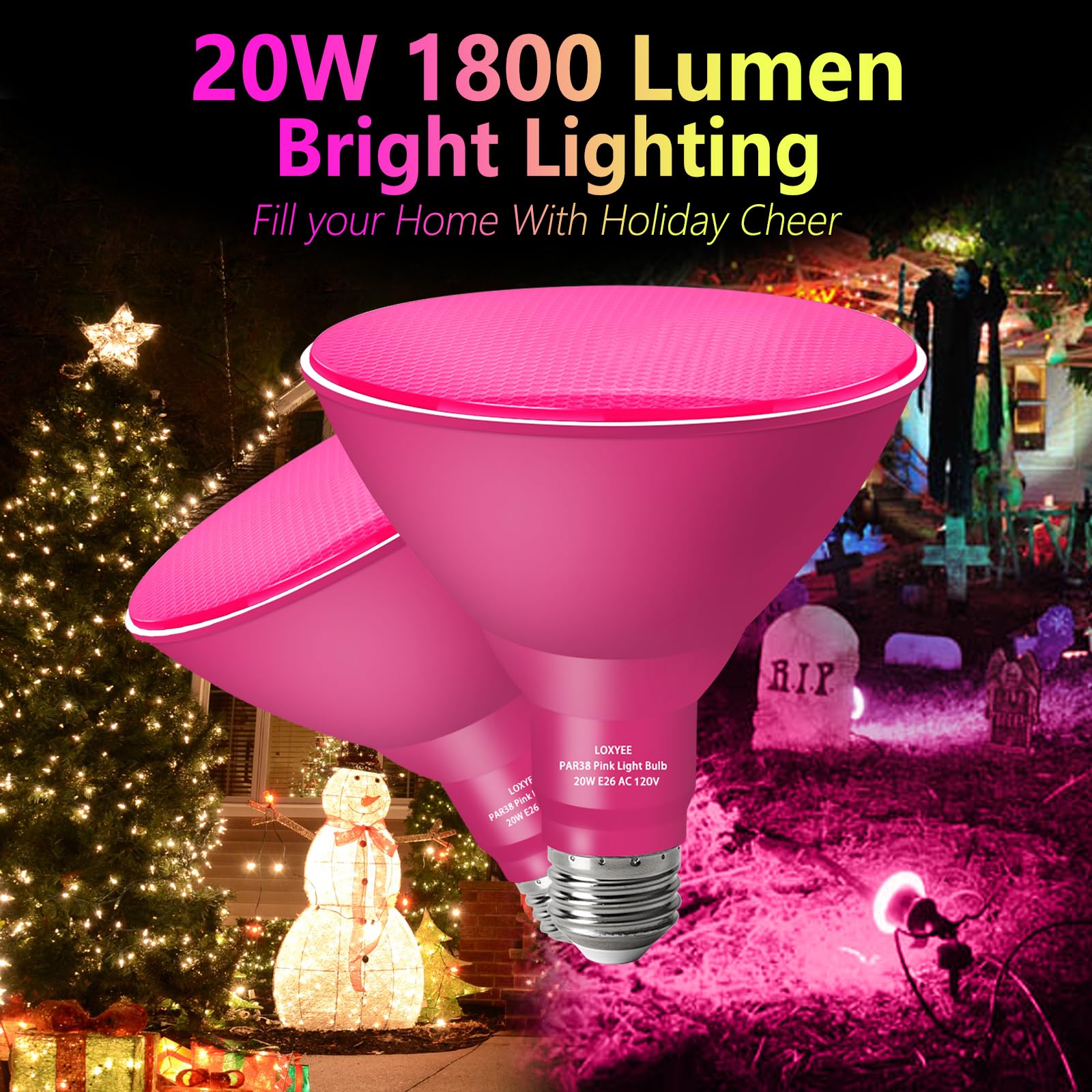 LOXYEE Par38 LED Flood Light Bulbs, 20W Replace 200W, Pink, E26 Base, 2 Pack for Halloween & Party Decor