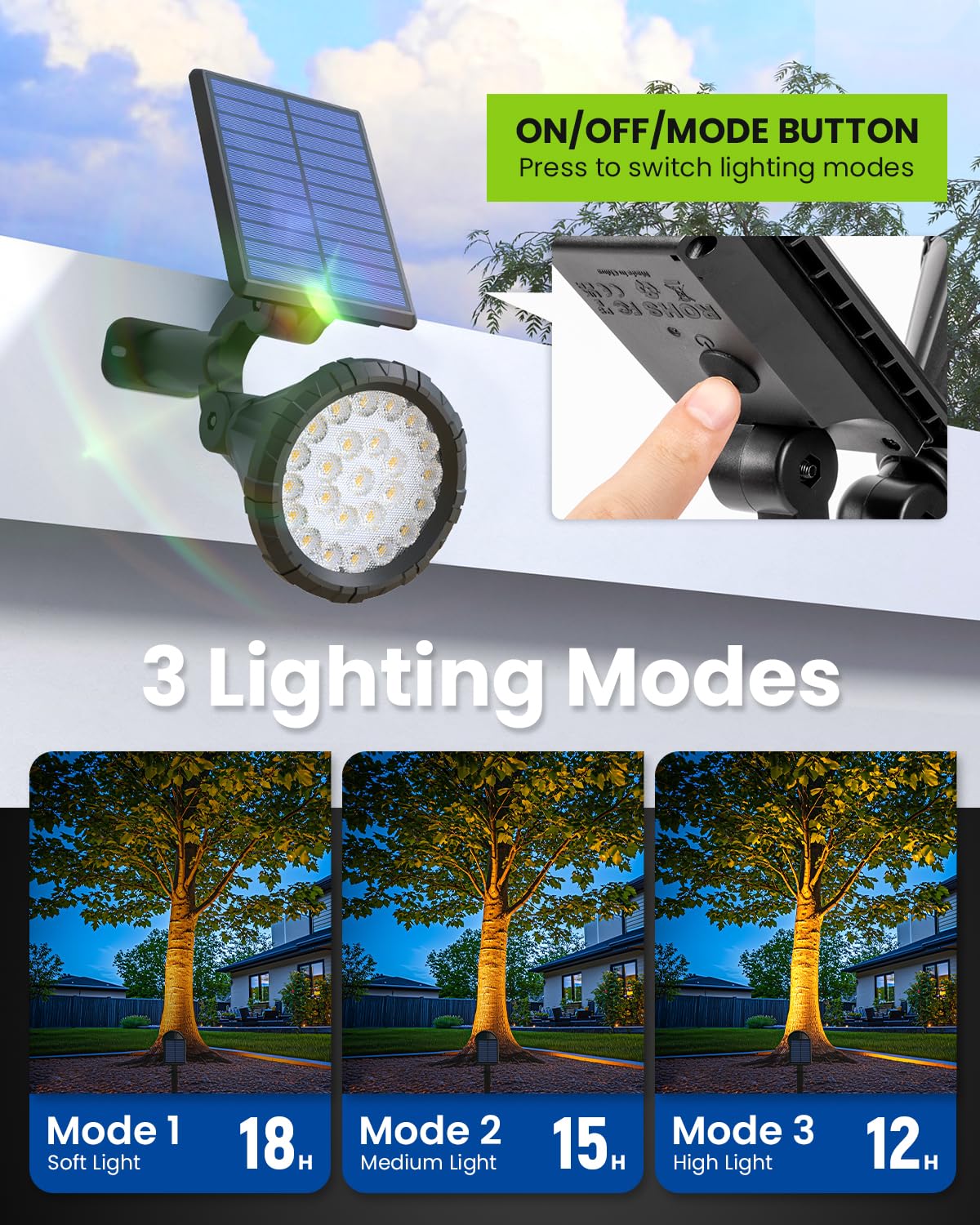 AUDERWIN Solar Spot Lights, 2 Pack Warm White, Waterproof Landscape Lighting, Model 9477 for Yard, Garden, Tree, Christmas Decorations