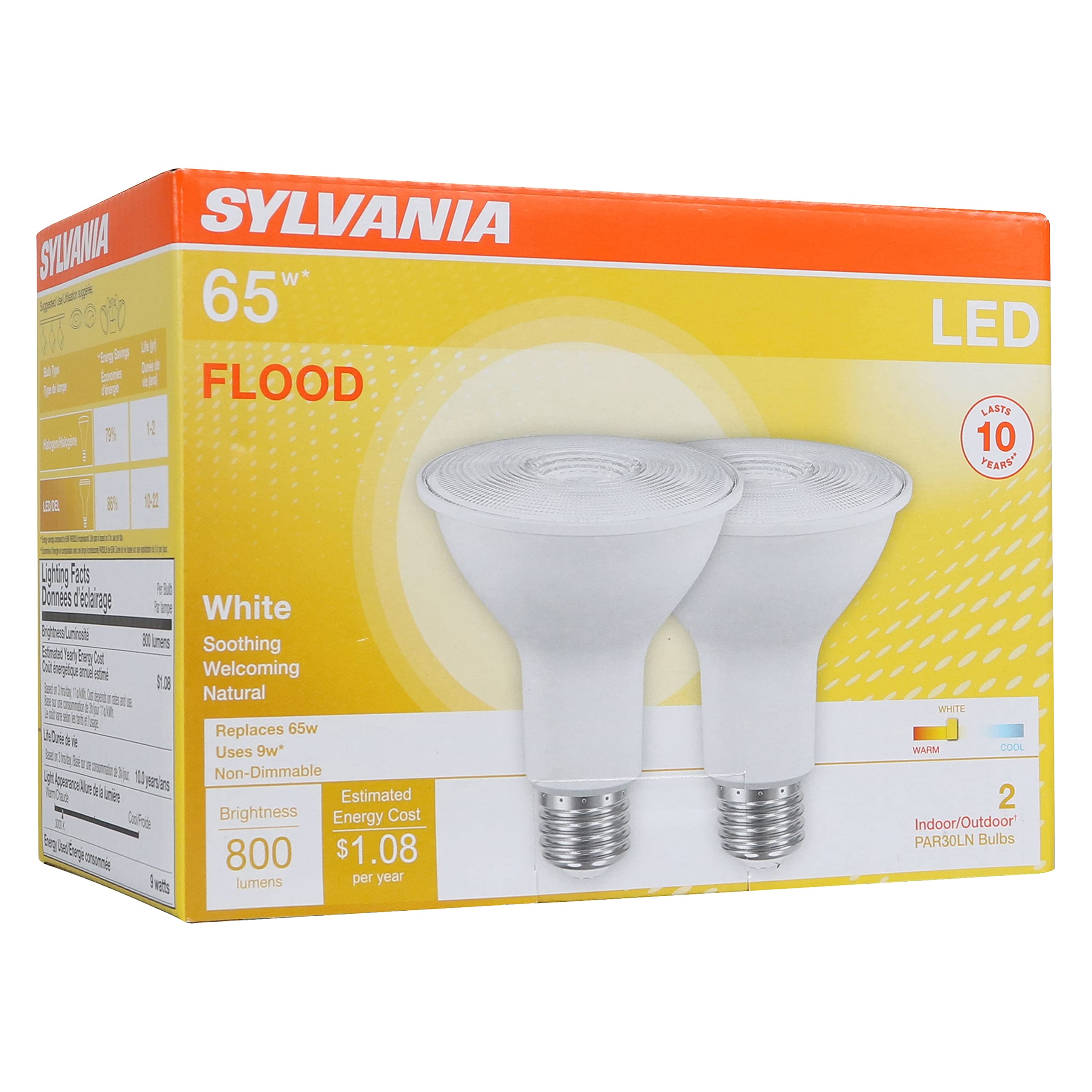LEDVANCE SYLVANIA PAR30 LED Flood Light Bulb, 9W (65W Equivalent), 800 Lumens, Warm White, 2 Pack, Model 79280