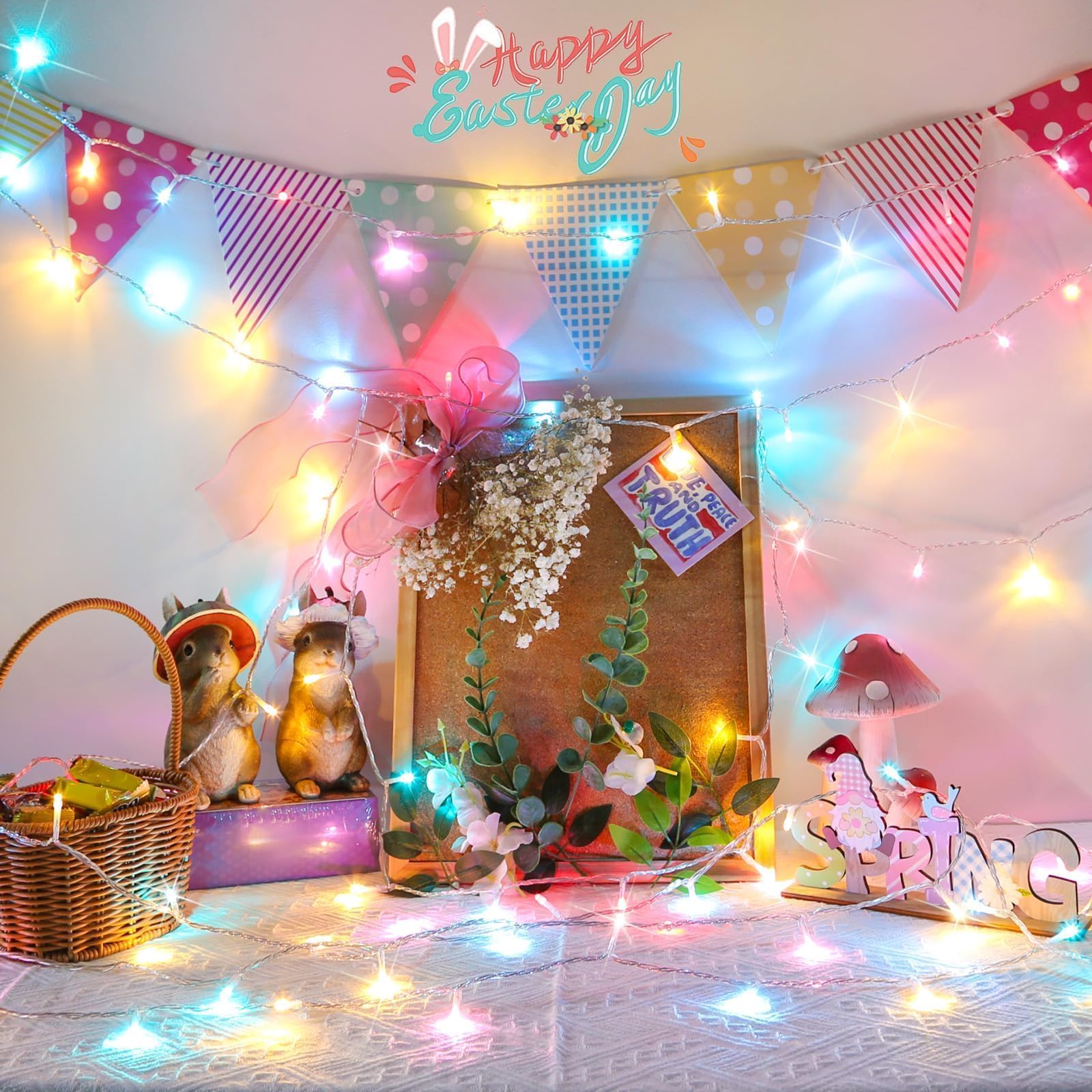 Suddus Easter String Lights Indoor Bedroom Connectable, 33Ft 100 Led Multicolor Christmas Light Outdoor Clear Wire, Plug In Fair