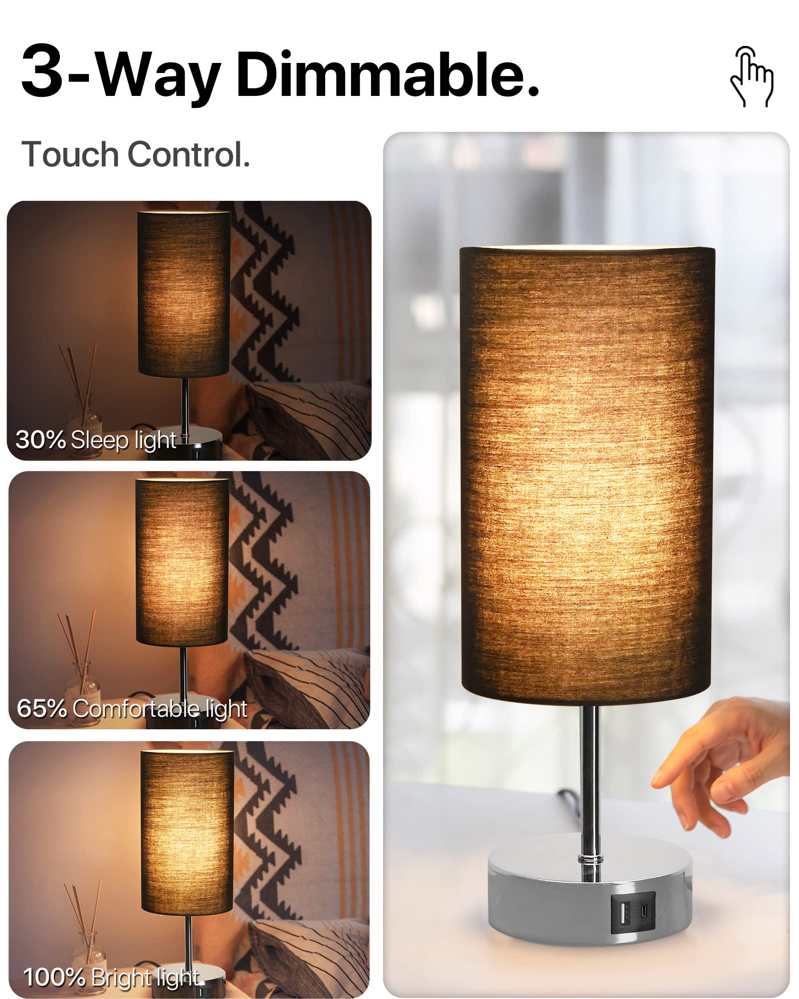 KPQ Bedside Lamp Touch Control with USB Ports & AC Outlet, 3-Way Dimmable, Linen Fabric Shade, Bright Silver/Black, Model T427