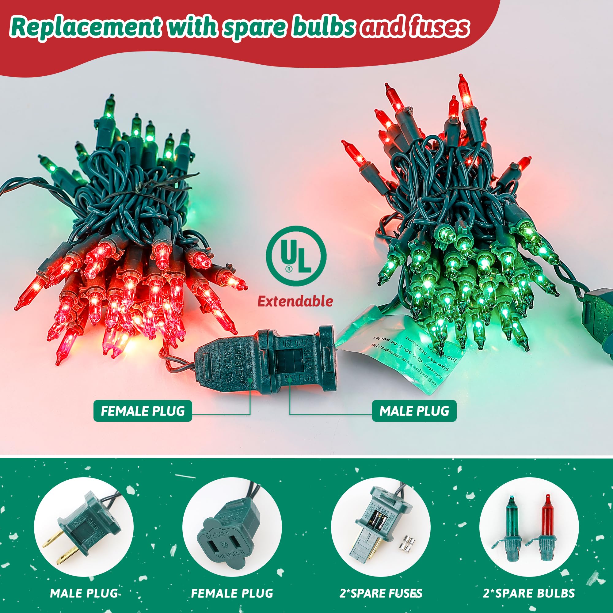 HEYFUNi Christmas String Lights, 50 Count, Red Green, 13Ft Green Wire, Incandescent Holiday Lighting for Indoor/Outdoor Use