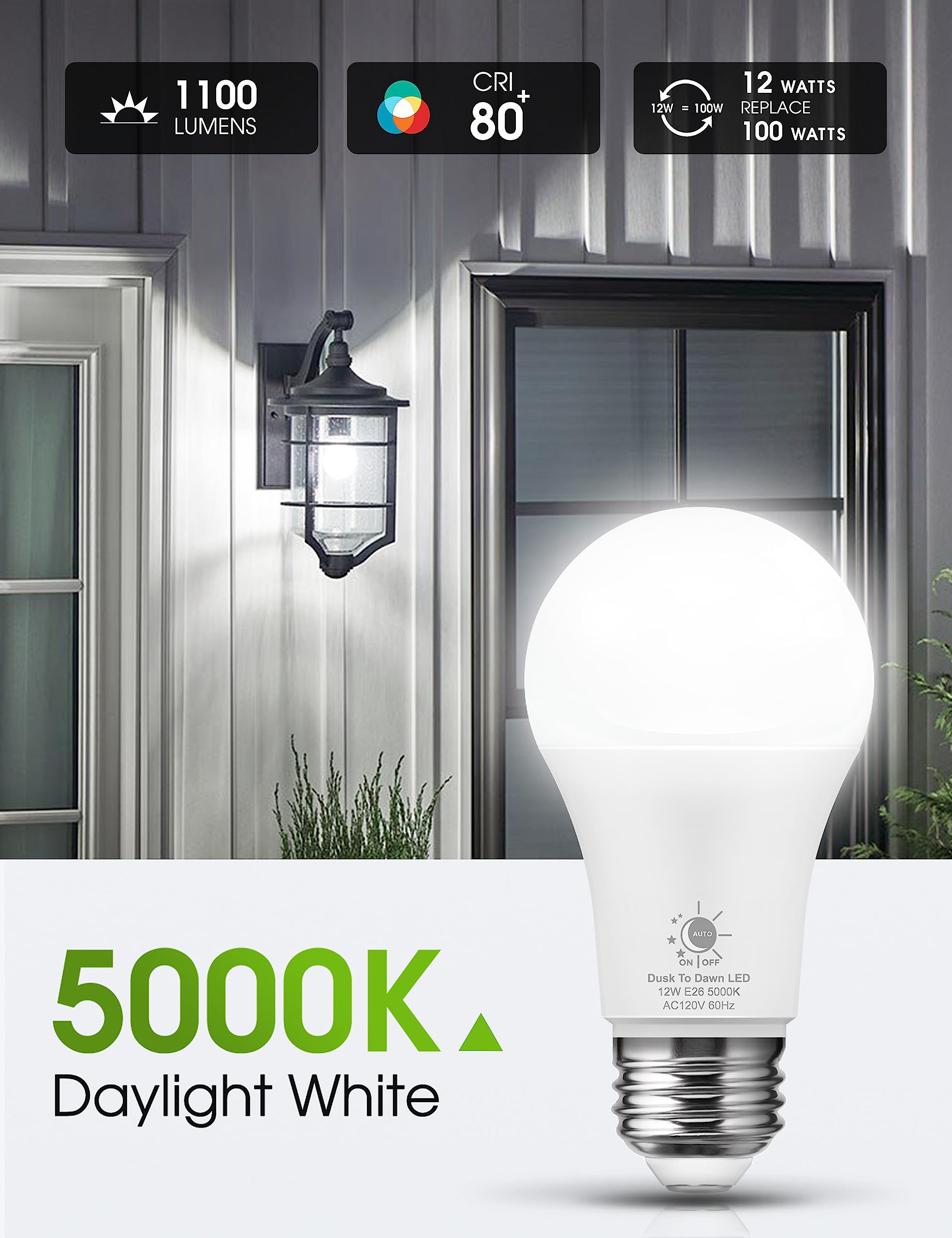 L LOHAS LED Dusk to Dawn Sensor Light Bulbs, 12W A19, 5000K Daylight White, Auto-On/Off, E26 Base, 2 Pack