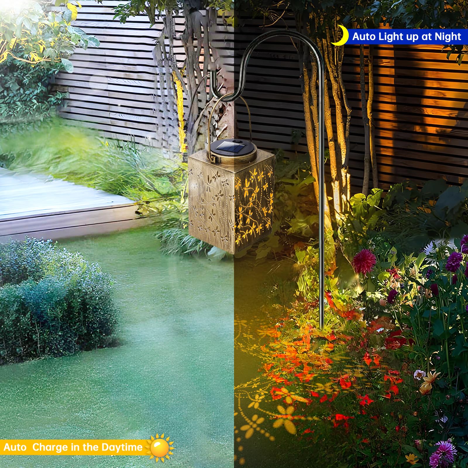 2 Pack Solar Lanterns - Waterproof Metal Hanging Solar Lights Outdoor Decorative, Solar Powered LED Lamp for Patio Tabletop Porc