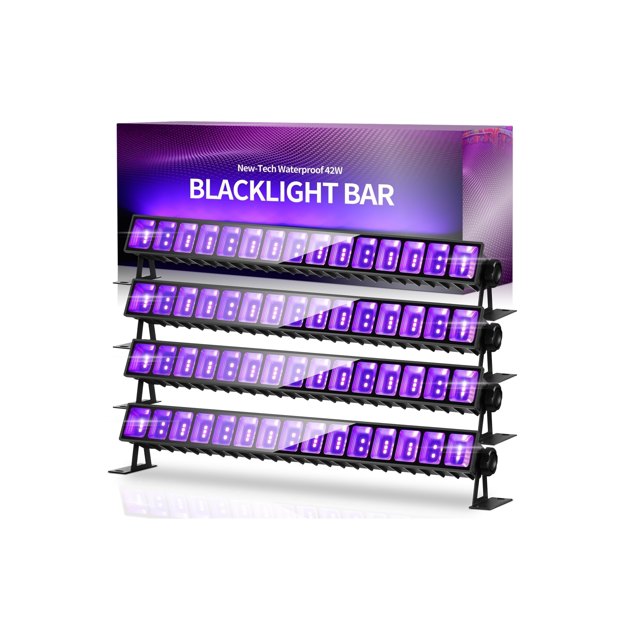 THECHAM 4 Pack 42W LED Black Light Bar, Waterproof Blacklight Flood Light with 6ft Cord+Plug+Switch, Light Up 24x24ft Area, for Halloween Glow Fluorescent Party Bedroom Game Room Body Paint Stage