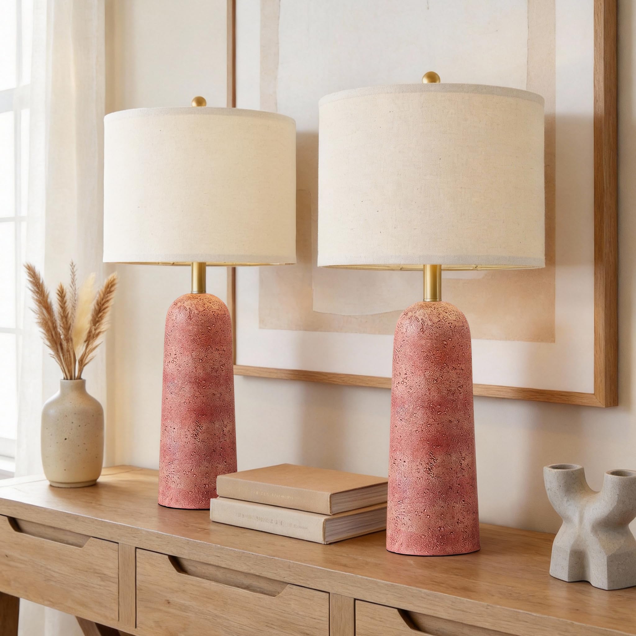 BOBOMOMO 27.25 Modern Table Lamp Set of 2  Red Resin Table Lamps with Stone Look  Lamps for Living Room with Linen Shades  Bedside Lamps for Bedroom Nightstand  Table Lamps for Living Room End Tables