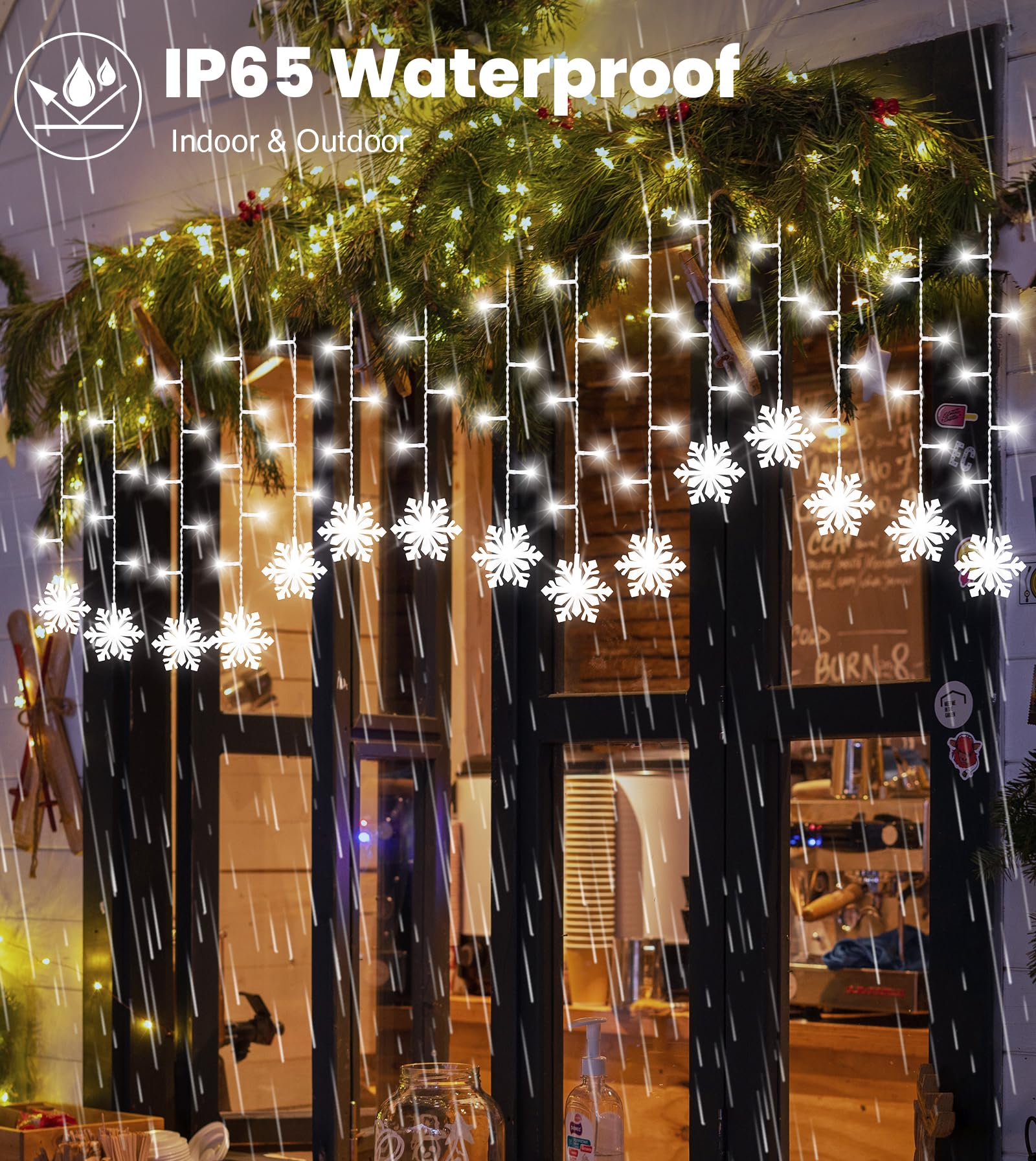 Christmas Window Lights With Snowflake, 3.5M 90Led Waterproof Curtain String Lights With Remote, Timer,8 Modes&4 Brightness, Curtain Lights For Indoor/Outdoor/Bedroom Decorations (Cool White)