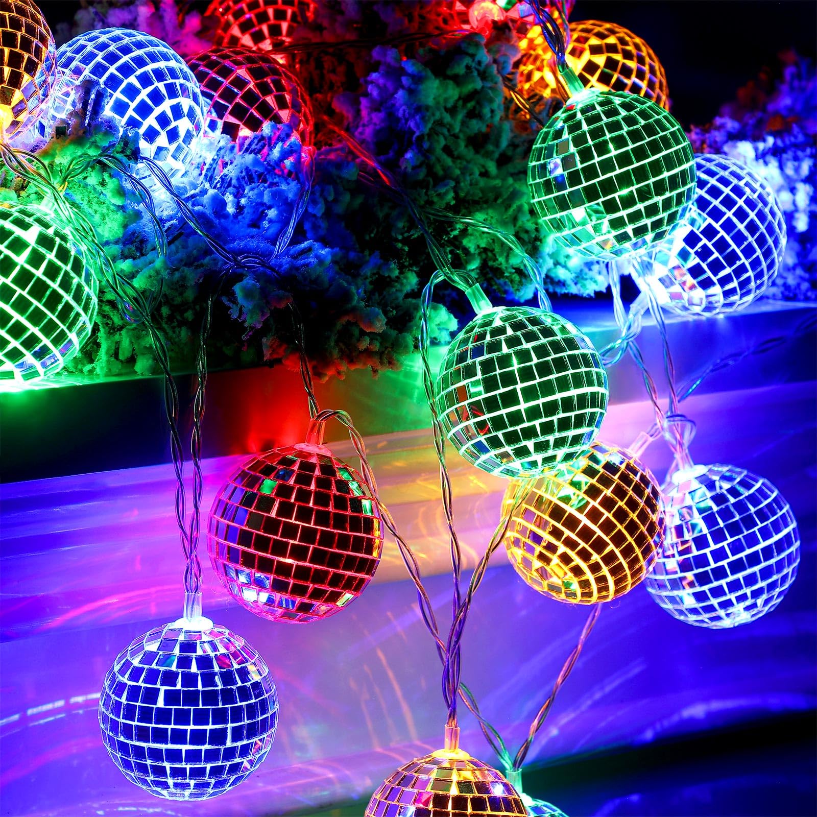 BBTO Disco Ball String Lights, 20 LED Mini Mirror Balls, 9.84 ft Long, Multicolor, Battery Powered, Perfect for 70s 80s Party Supplies