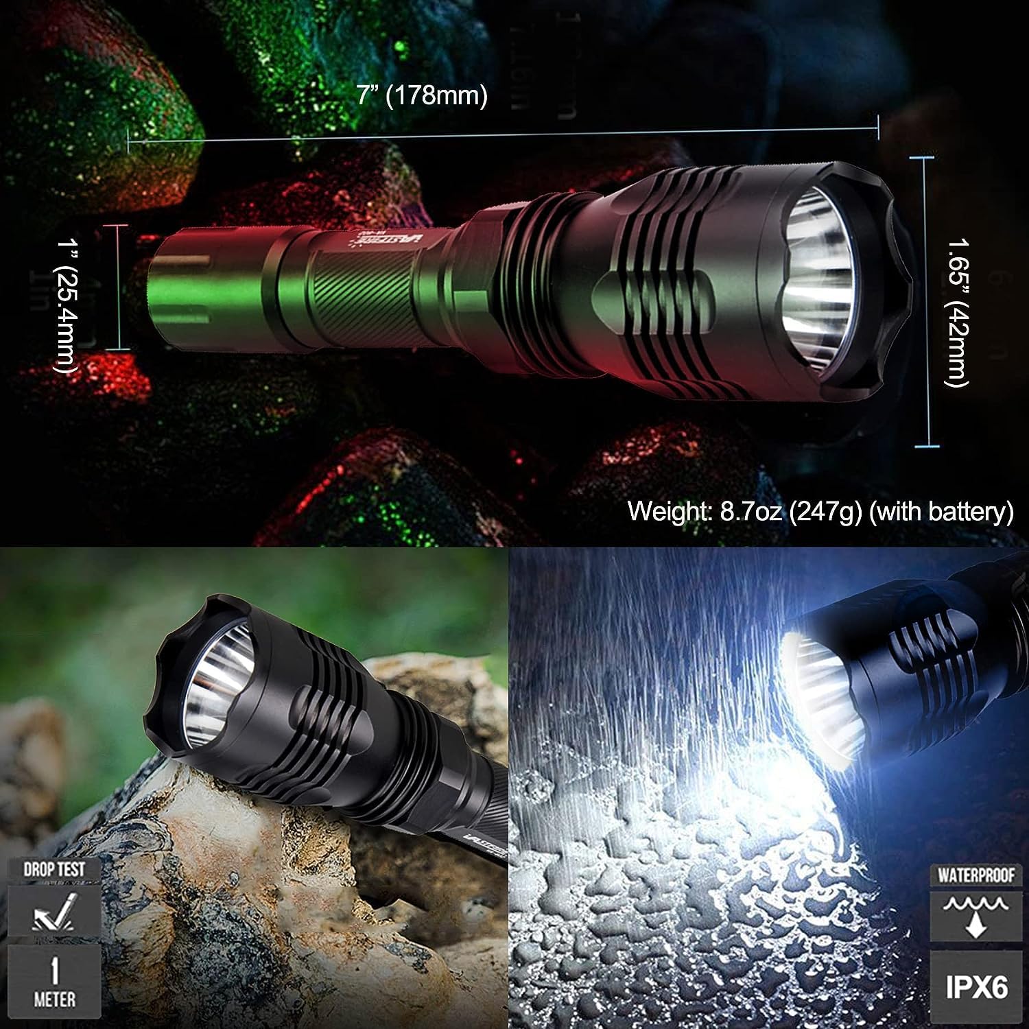 VASTFIRE Predator Light with Interchangeable (Red, Green, White) LED Hunting Flashlight with Scope Mount for Hog Coyote Coon Bob
