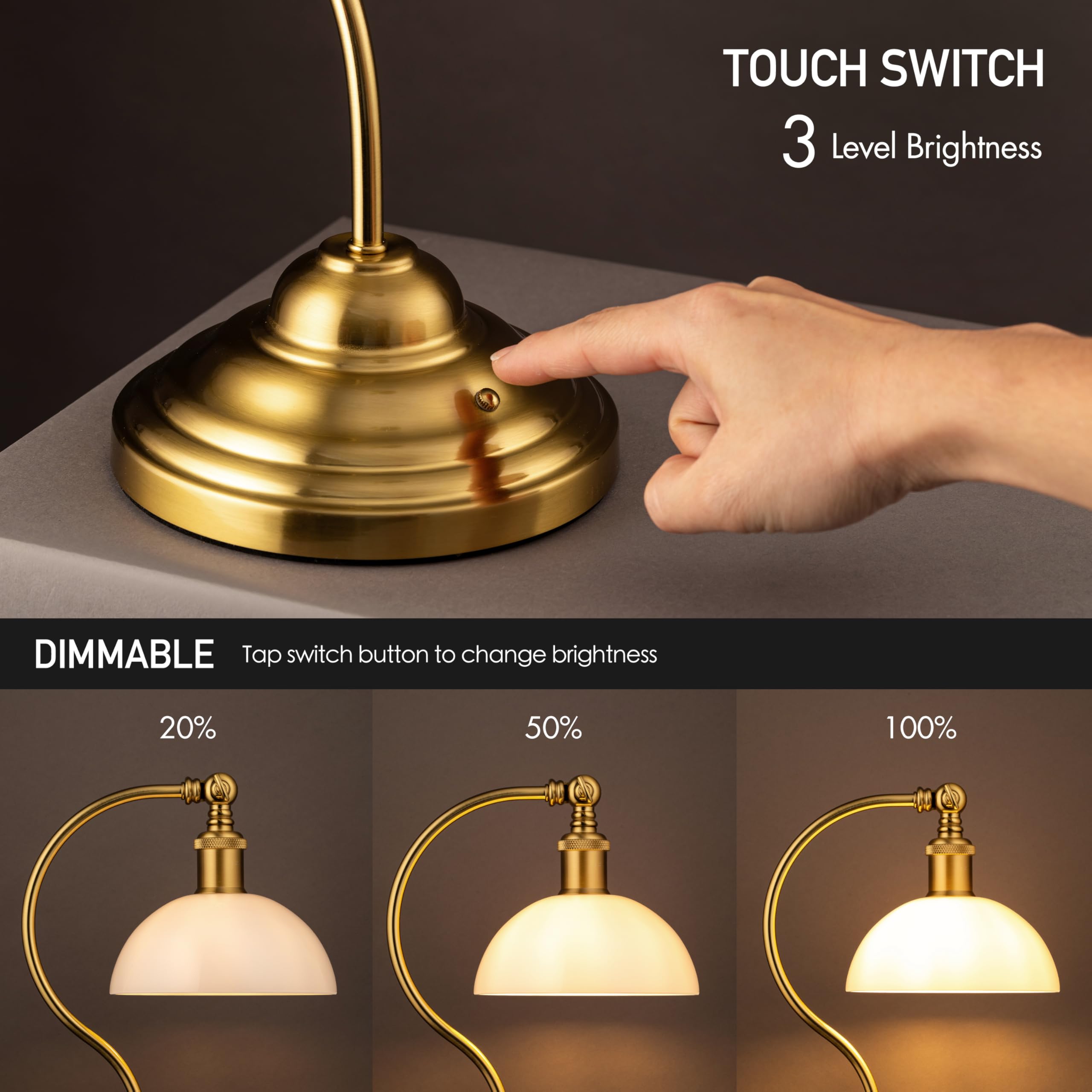 O'Bright Cordless LED Table Lamp, Rechargeable, 3-Level Dimming, 6.5x6x12.6", Antique Brass-White Glass, Model OB-TL23B