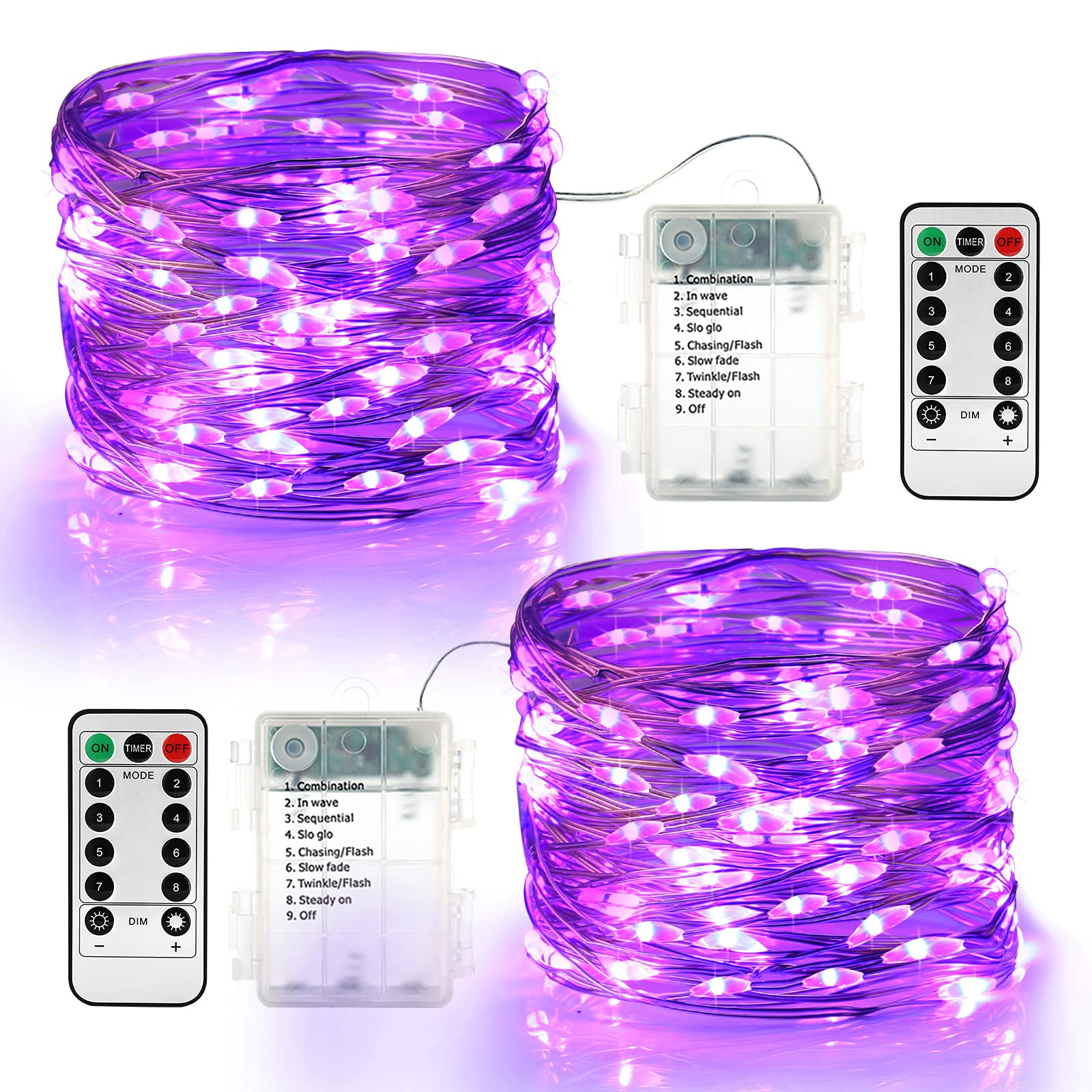 BrizLabs Purple Halloween Lights, 19.47ft 60 LED Battery Halloween Lights, 8 Modes Purple Fairy String Light with Remote, Waterp