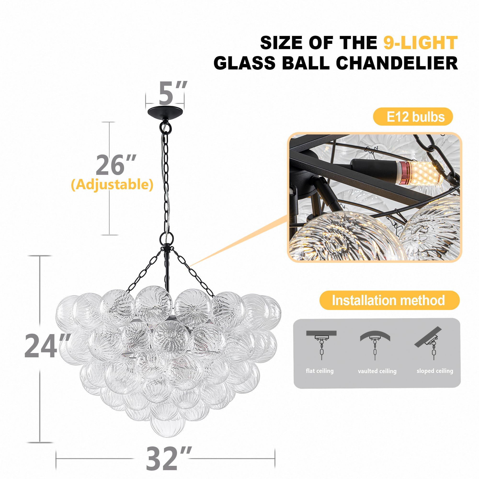 Beypan Bubble Ball Swirled Glass Chandelier Black Finish Clear Blown Glass 32'' Dia Pendant Globe Light Fixture For Bedroom Dini