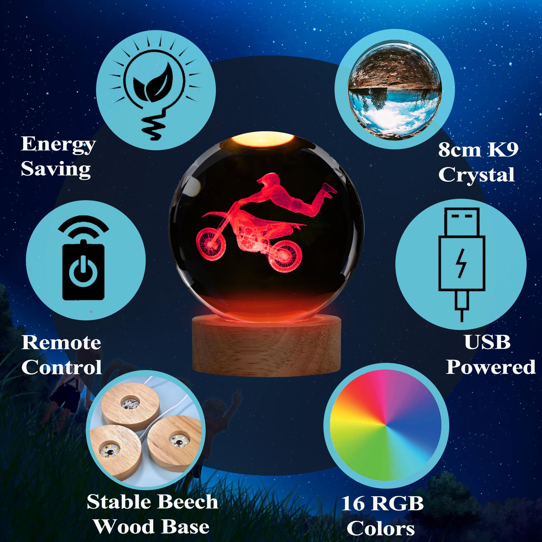 Posshe Dirtbike Night Light, Dirtbike Gifts, 3D Crystal Ball Dirtbike Lamp With Remote Upgraded 3.15 Inch With 16 Color For Birt