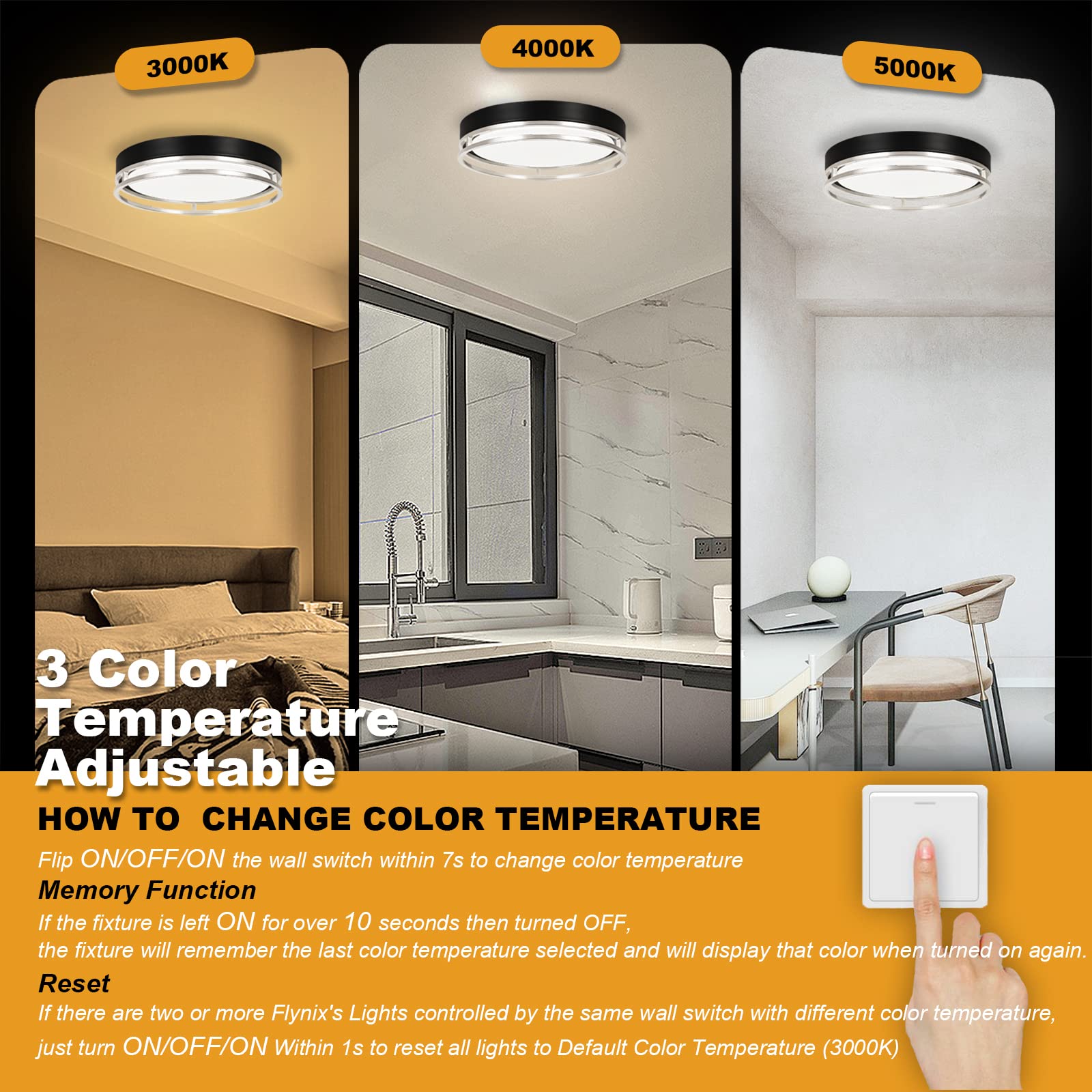 Flynix 12.5 Inch Led Flush Mount Ceiling Light Fixture, 26W, Super Bright 1700 Lumens, 3 Color 3000K/4000K/5000K, Dimmable Ceili