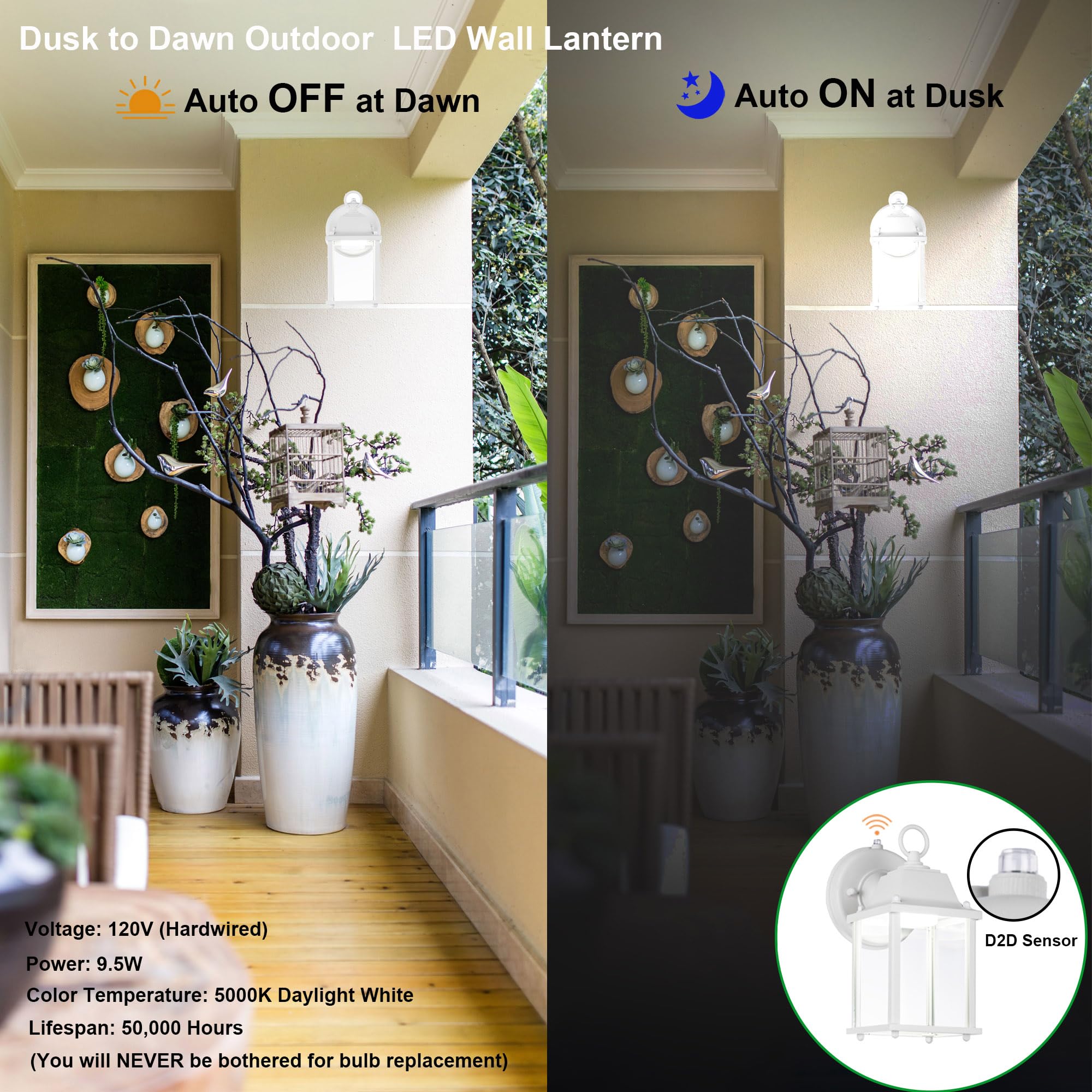 LIT-PaTH Outdoor LED Wall Lantern, 5000K White, Aluminum, Dusk to Dawn, 800 Lumen, 1-Pack, Model LT-WL001P50K-W