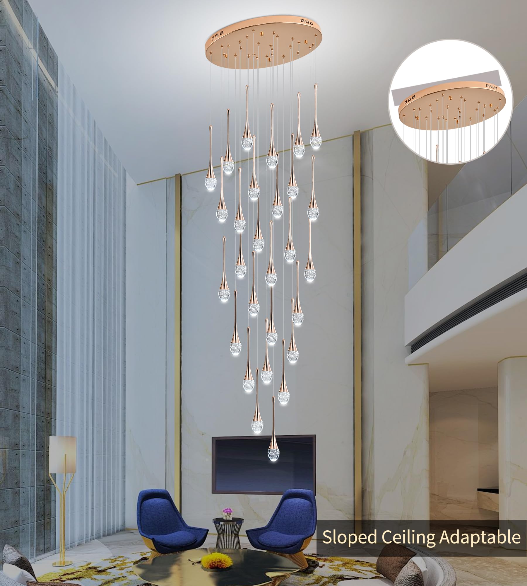 Upfelw 7-Light Modern Crystal Chandelier, Gold, Dimmable LED, H60in  High Ceiling, Model UCC-G07-0436